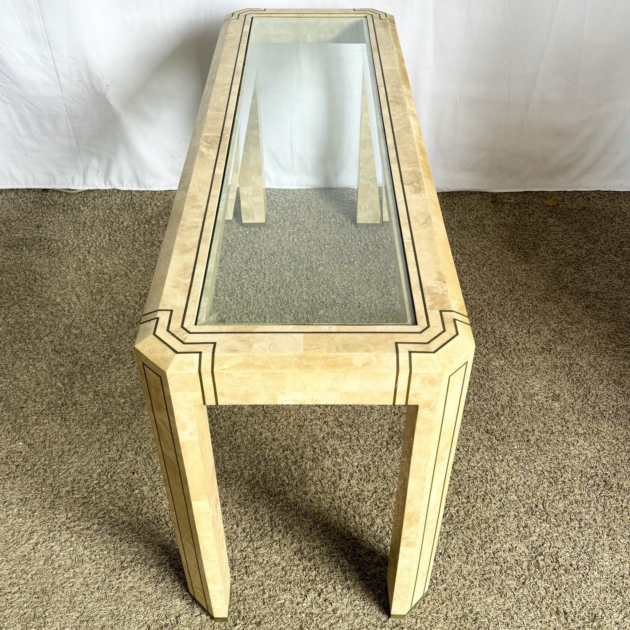 Postmodern Tessellated Stone Console Table With Brass and Glass Inlay For Sale 2