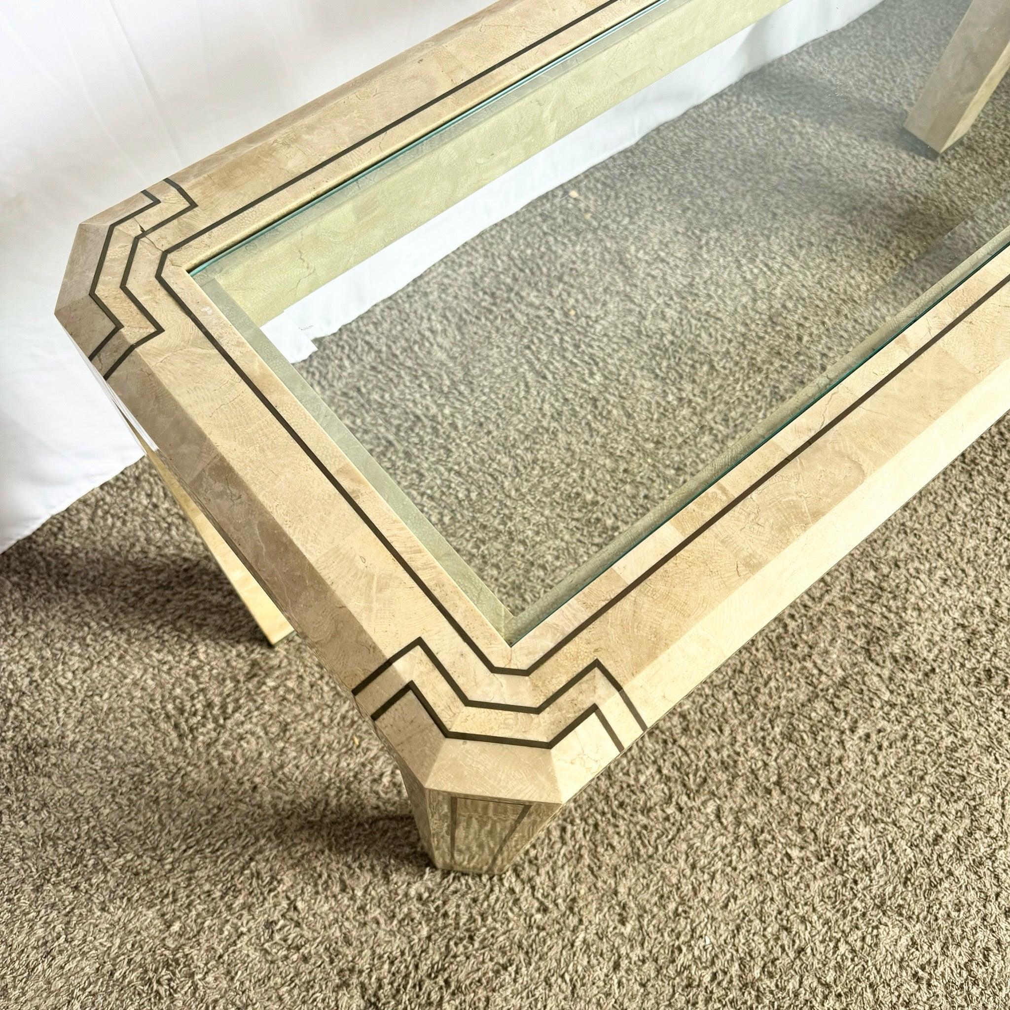 Postmodern Tessellated Stone Console Table With Brass and Glass Inlay For Sale 3