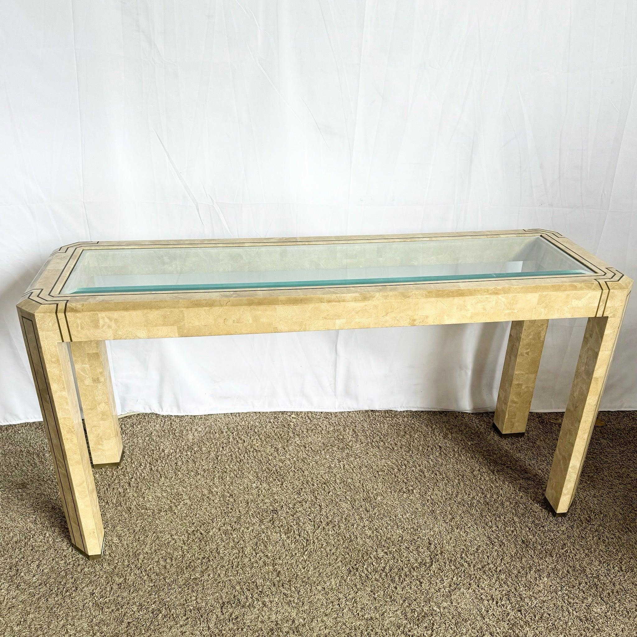 Postmodern Tessellated Stone Console Table With Brass and Glass Inlay For Sale 4