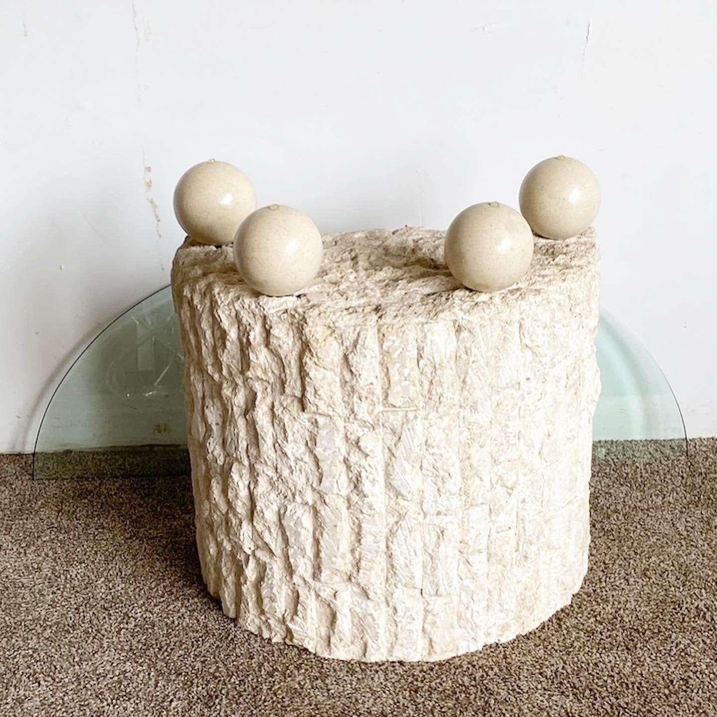 Exceptional vintage postmodern Demi lune, tessellated stone console table. Features a beveled glass top on three stone spheres.

