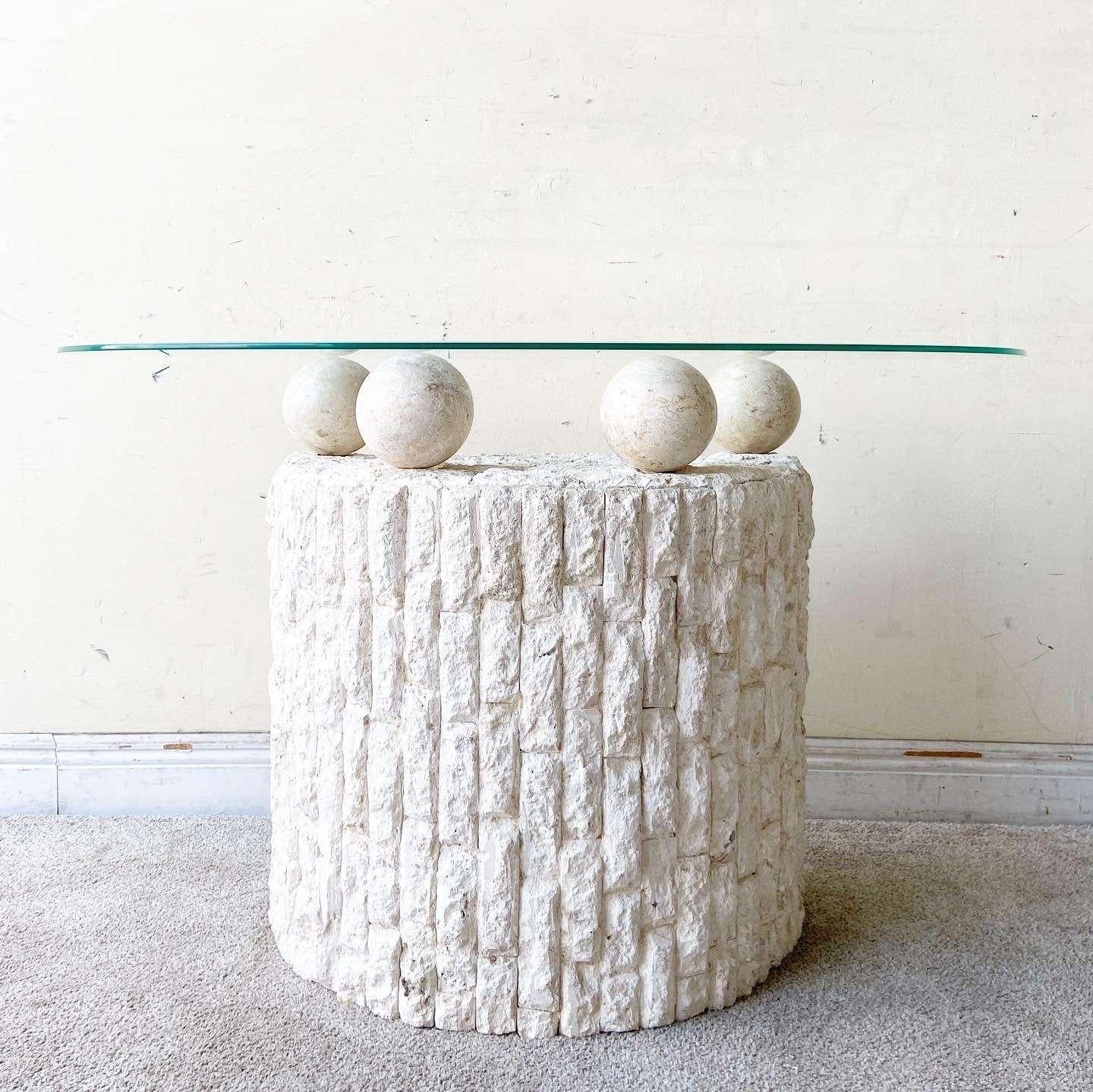 Wonderful vintage postmodern tessellated stone Demi lune console table. Features 4 spherical balls which hold up the beveled glass top.

Table B