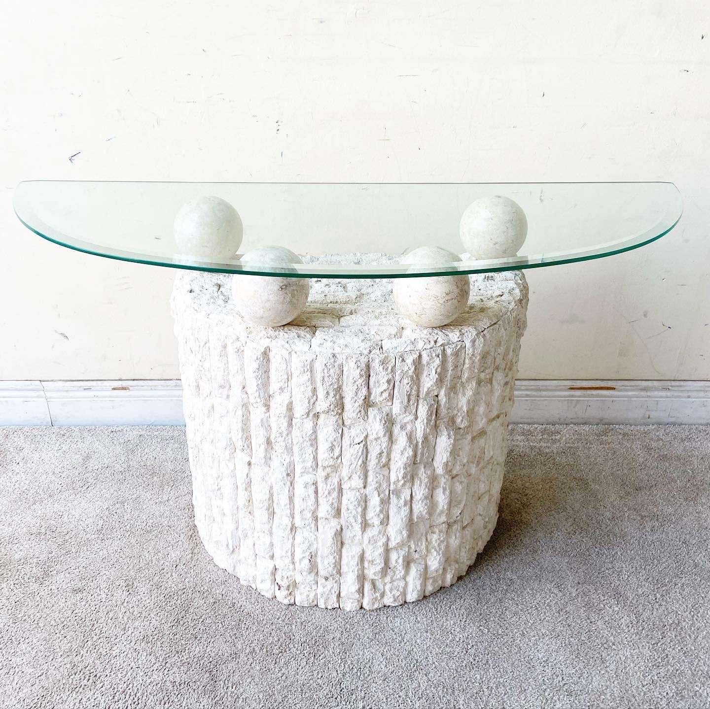 Post-Modern Postmodern Tessellated Stone Demi Lune Glass Top Console Table For Sale