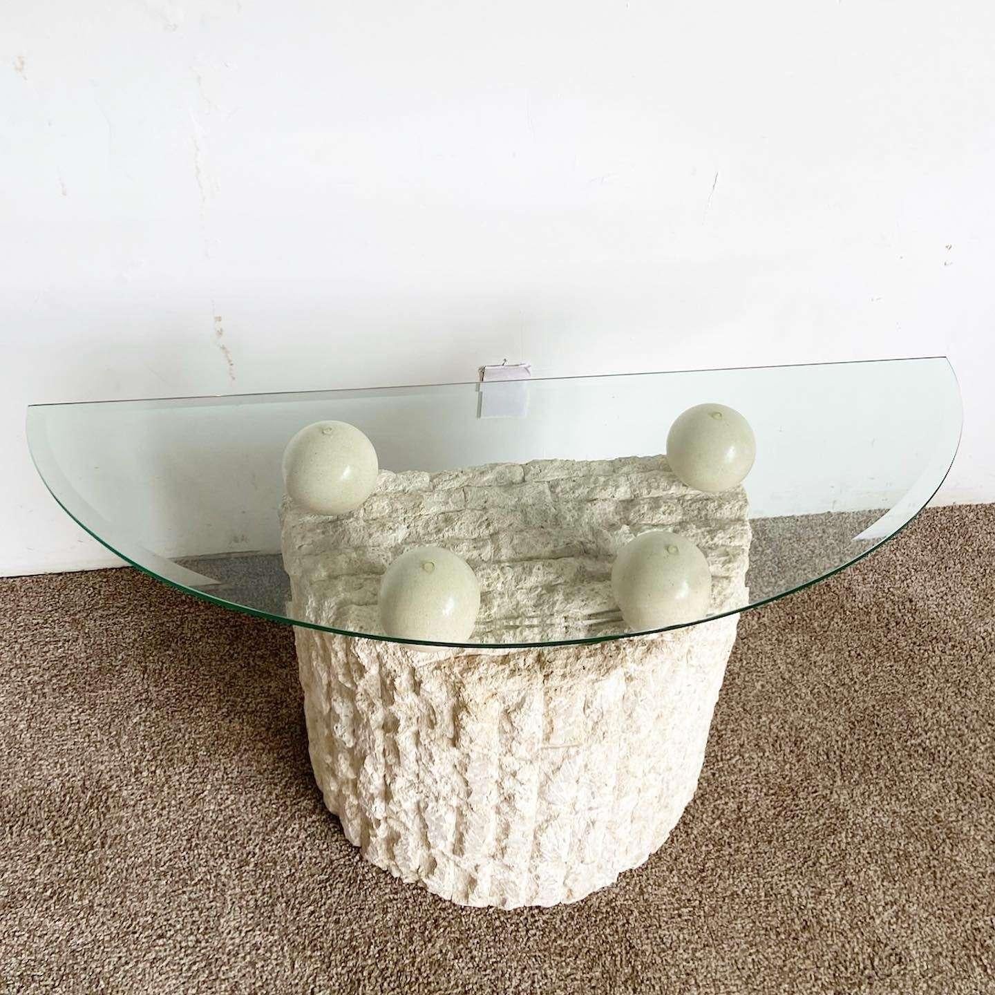 Philippine Postmodern Tessellated Stone Demi Lune Glass Top Console Table For Sale