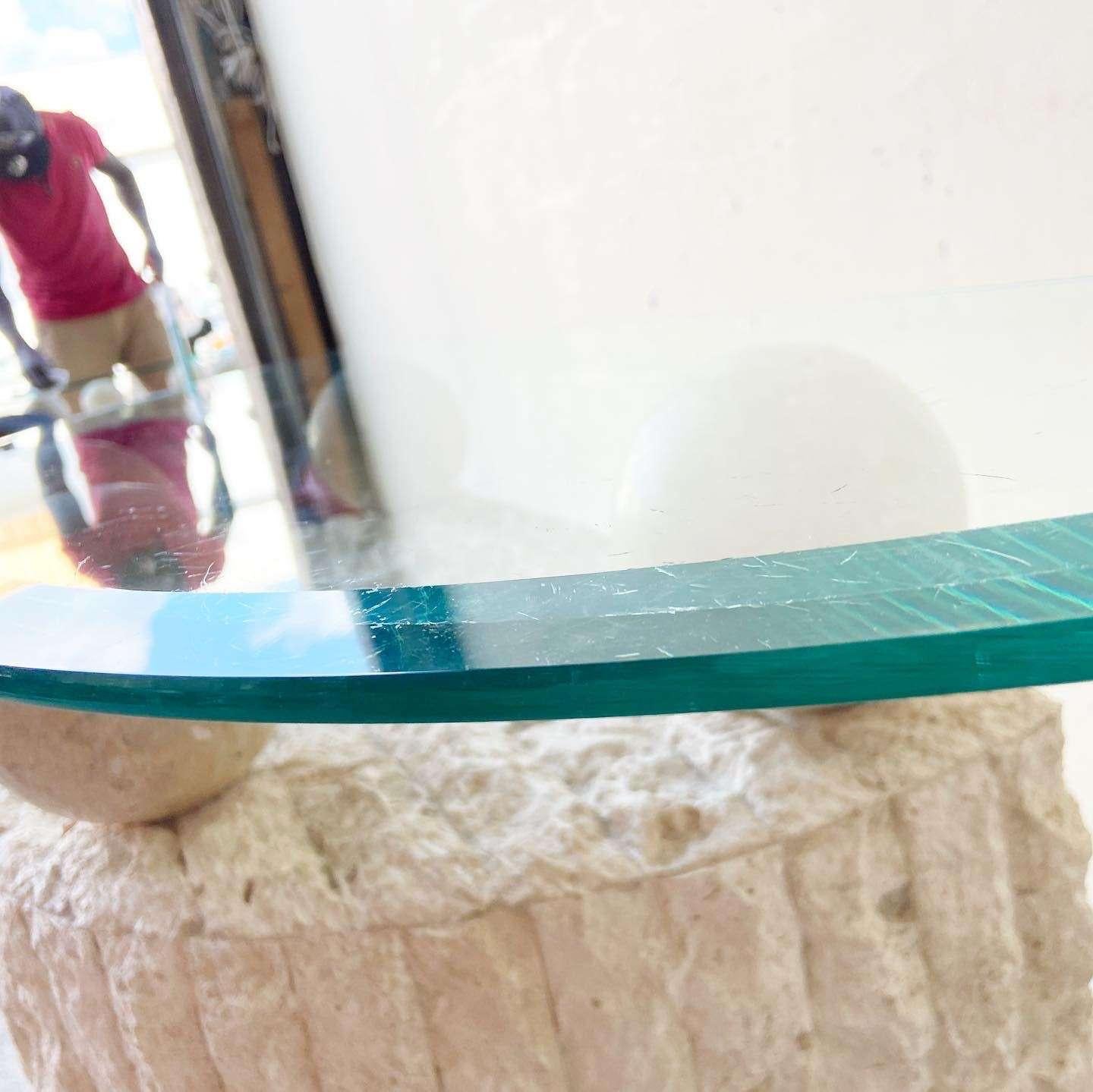 Postmodern Tessellated Stone Demi Lune Glass Top Console Table In Good Condition For Sale In Delray Beach, FL