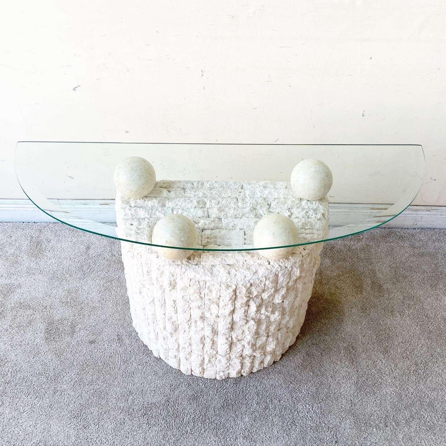Late 20th Century Postmodern Tessellated Stone Demi Lune Glass Top Console Table For Sale
