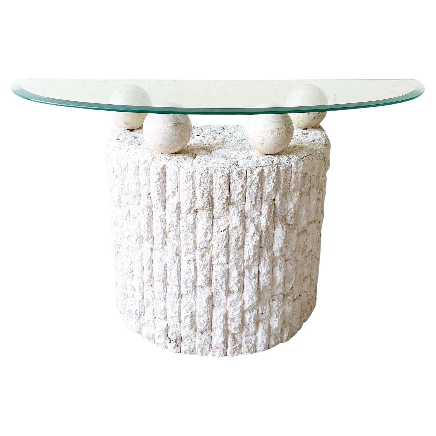 Postmodern Tessellated Stone Demi Lune Glass Top Console Table