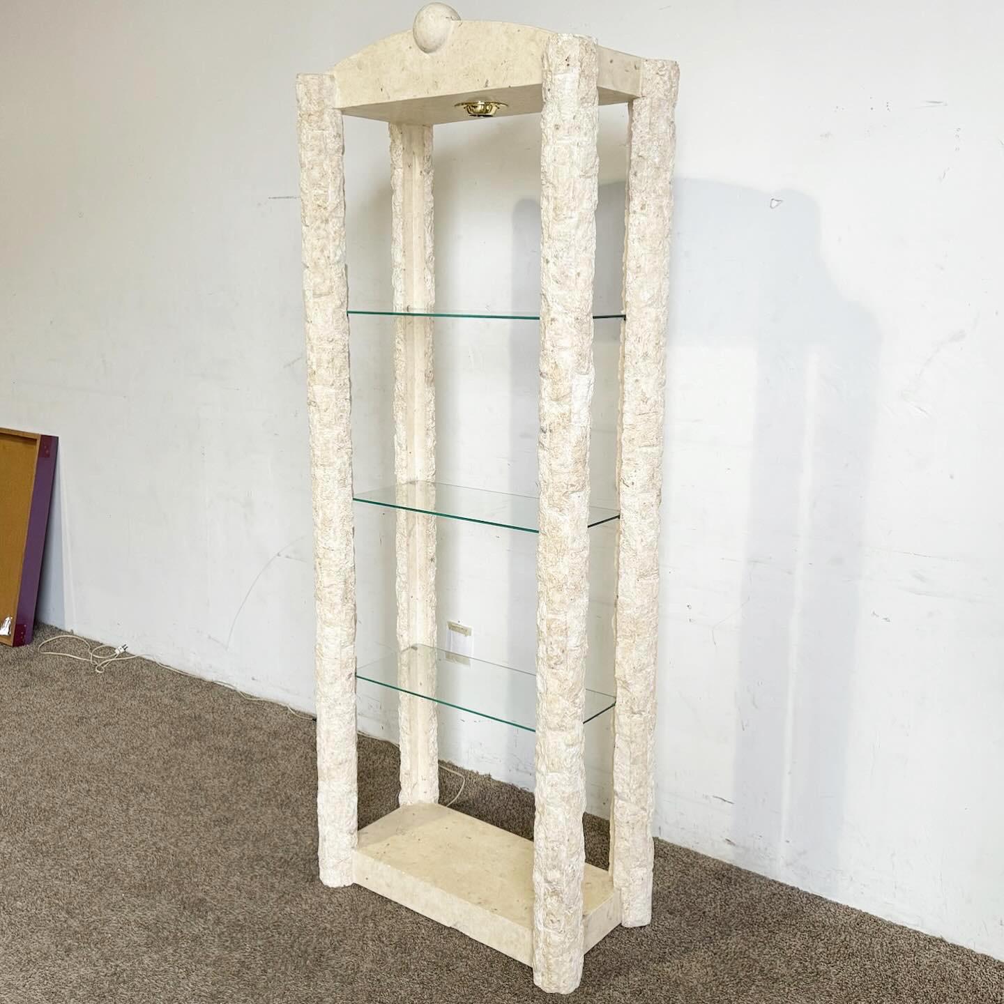 Postmodern Tessellated Stone Glass Shelf Etagere With Light For Sale 4