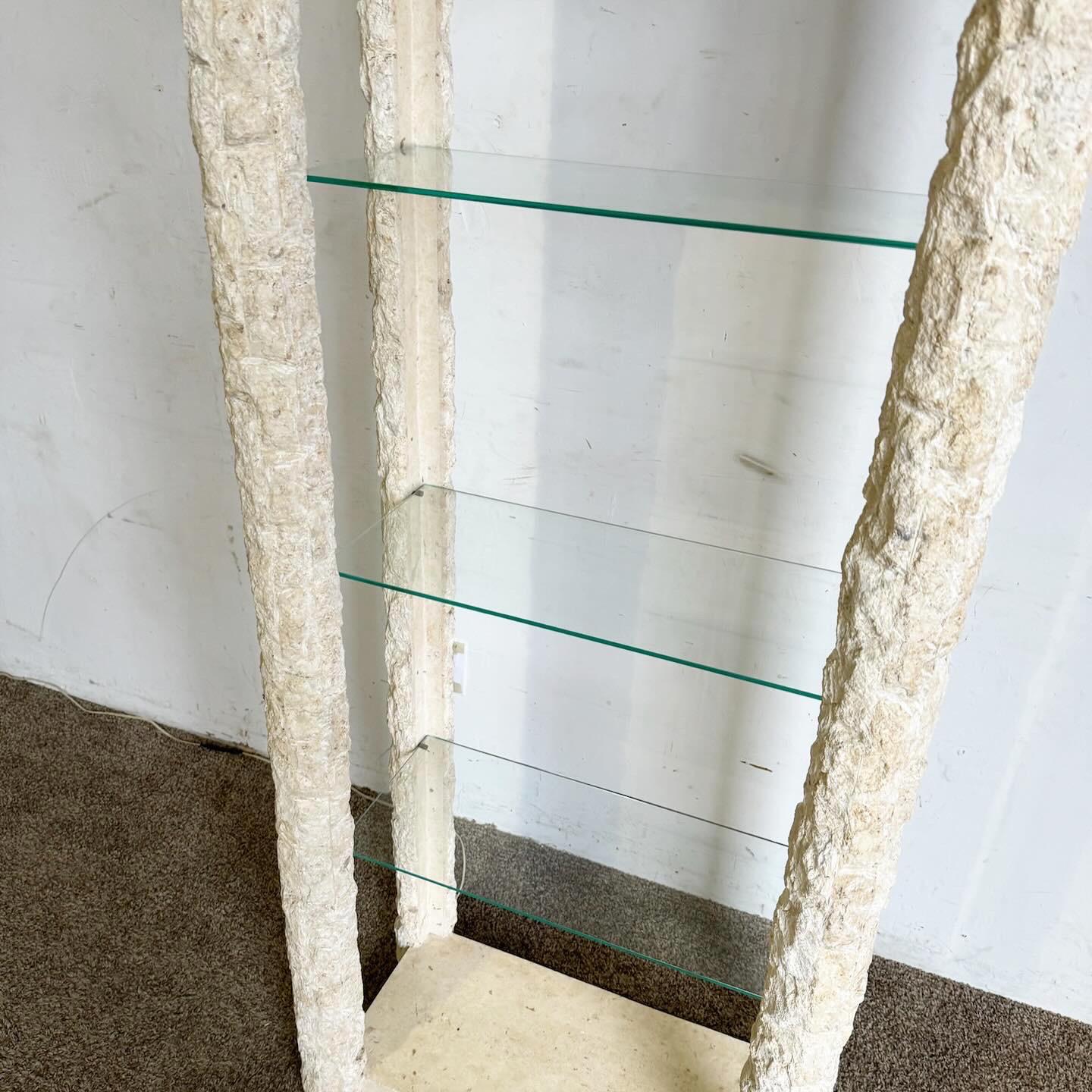 Post-Modern Postmodern Tessellated Stone Glass Shelf Etagere With Light For Sale