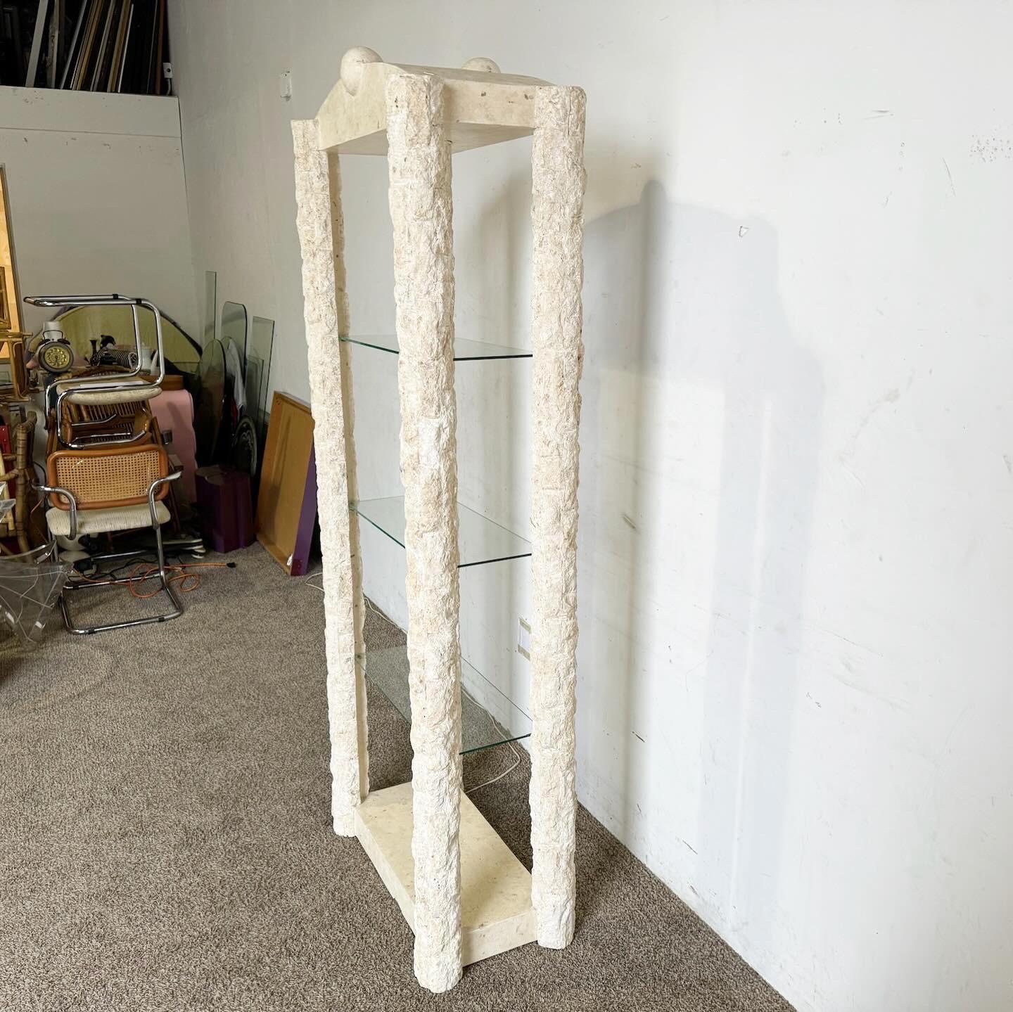 20th Century Postmodern Tessellated Stone Glass Shelf Etagere With Light For Sale