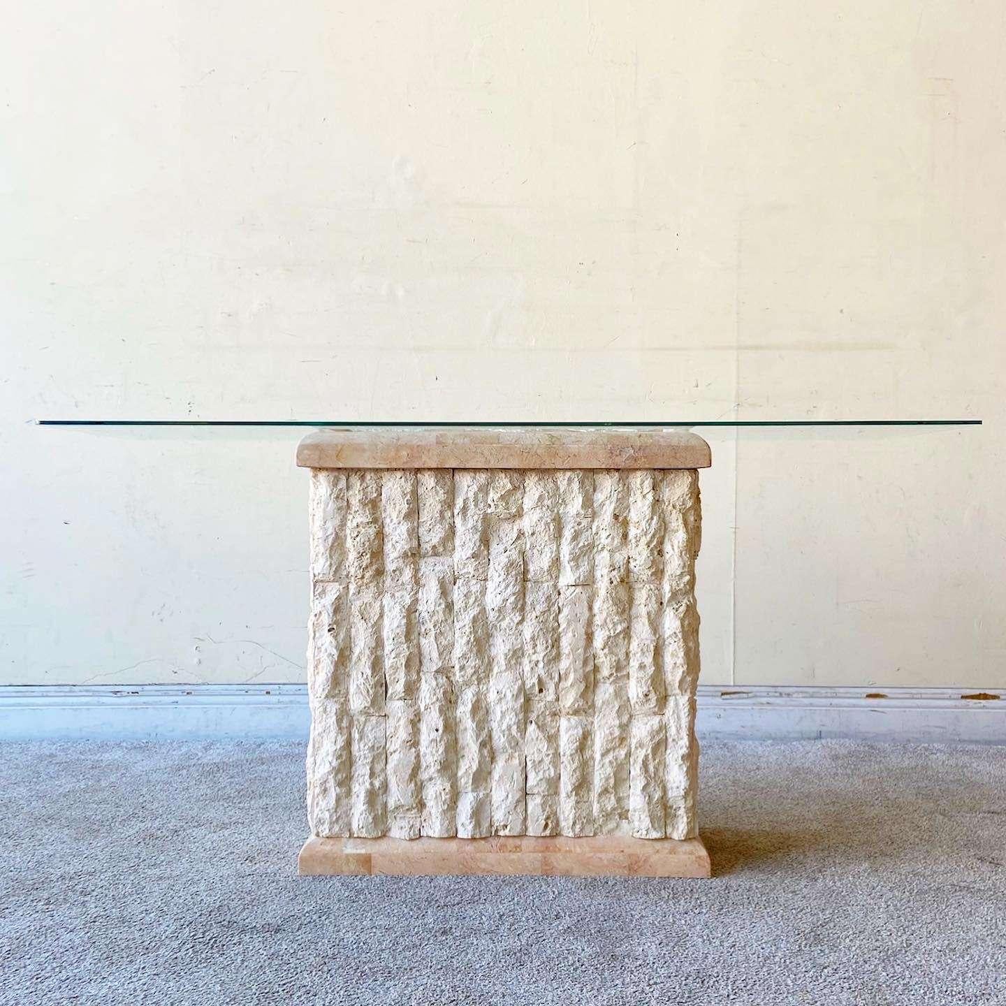 Excellent vintage Postmodern Tessellated mactan and polished pink stone console table. Features a rectangular beveled glass top.