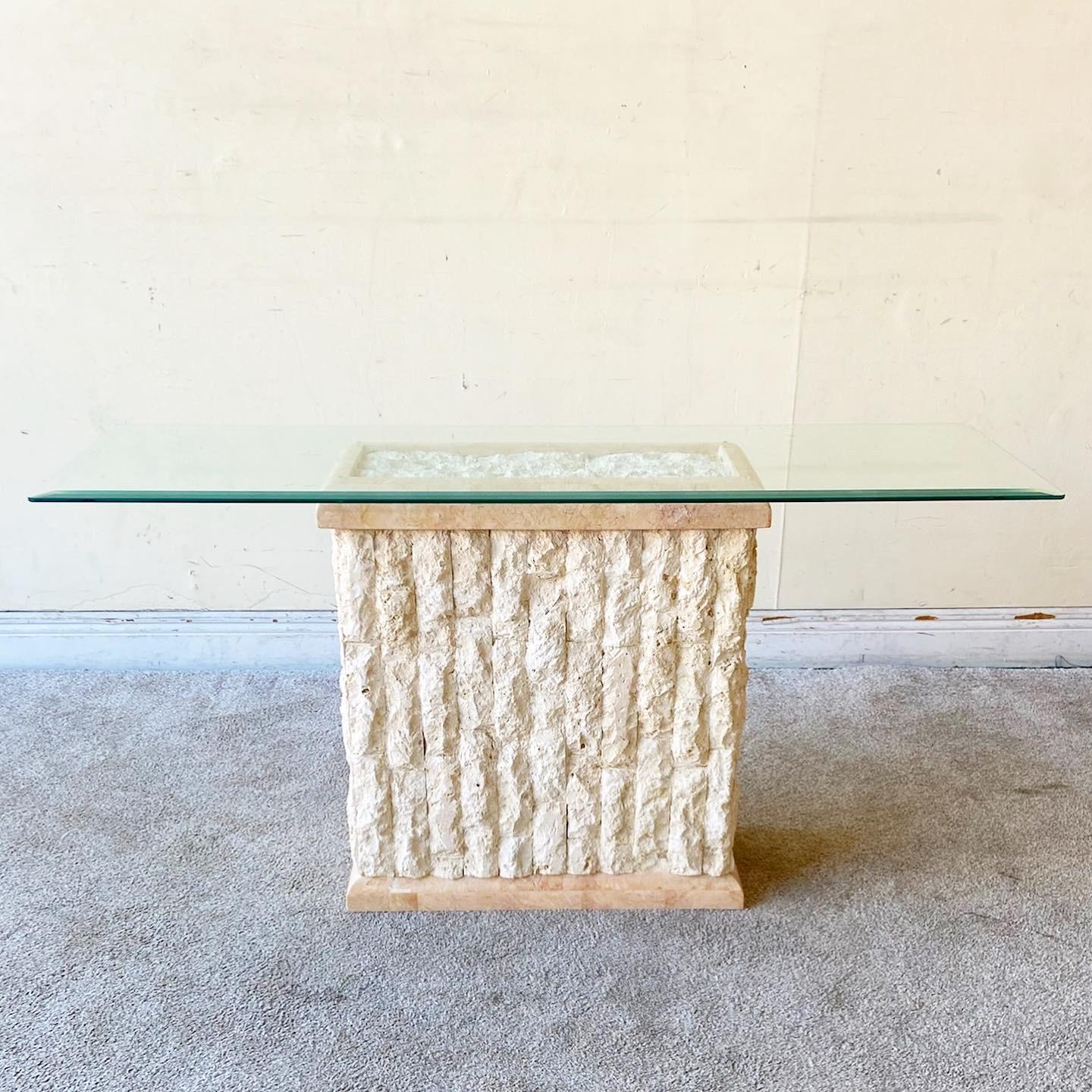 Excellent vintage Postmodern Tessellated mactan and polished pink stone console table. Features a rectangular beveled glass top.
  