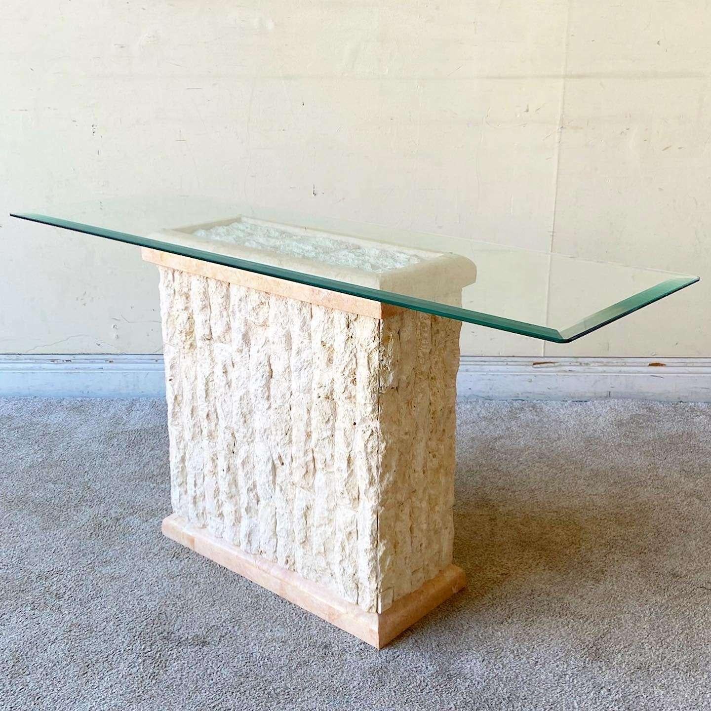 Postmodern Tessellated Stone Glass Top Console Table In Good Condition For Sale In Delray Beach, FL