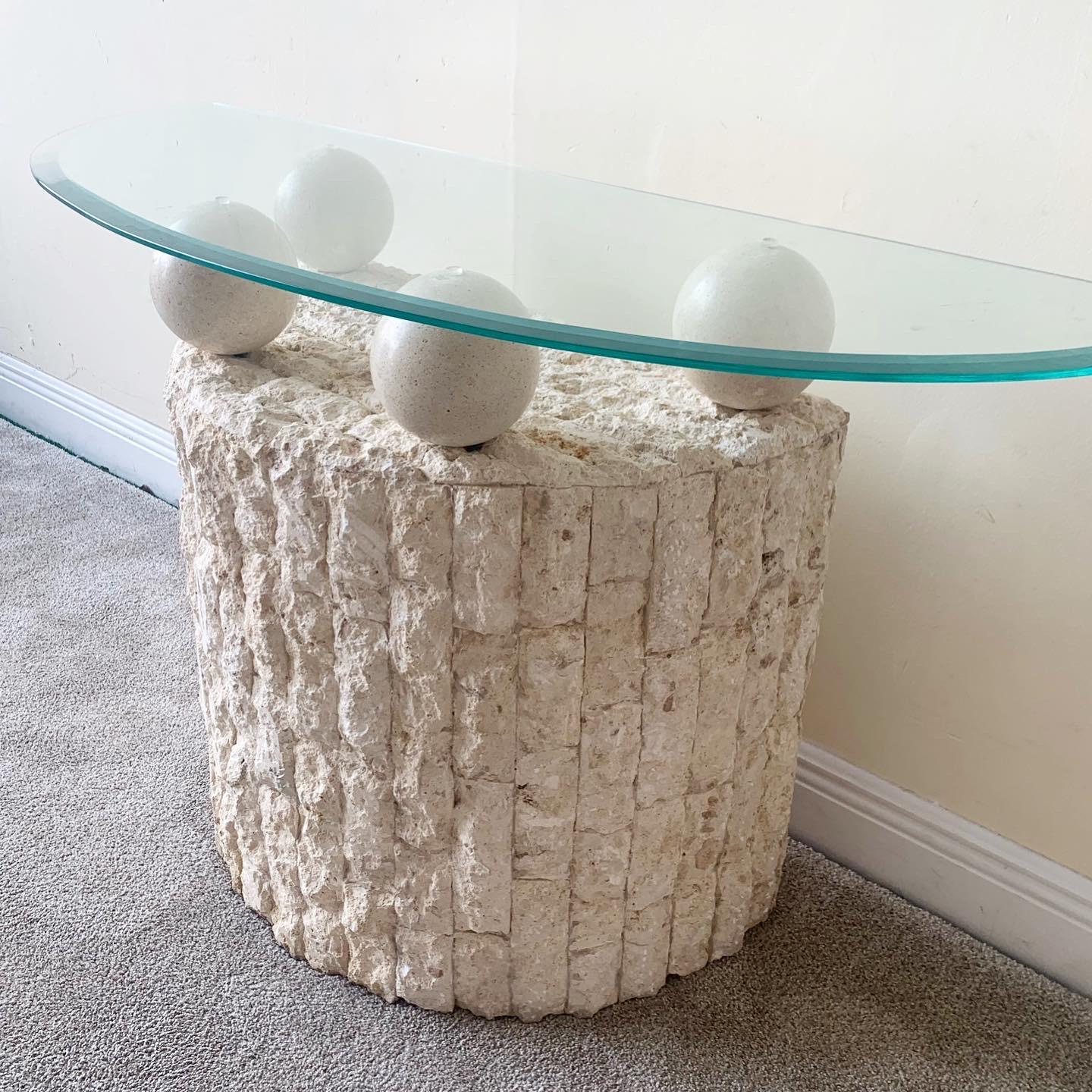 Postmodern Tessellated Stone Glass Top Console Table In Good Condition For Sale In Delray Beach, FL