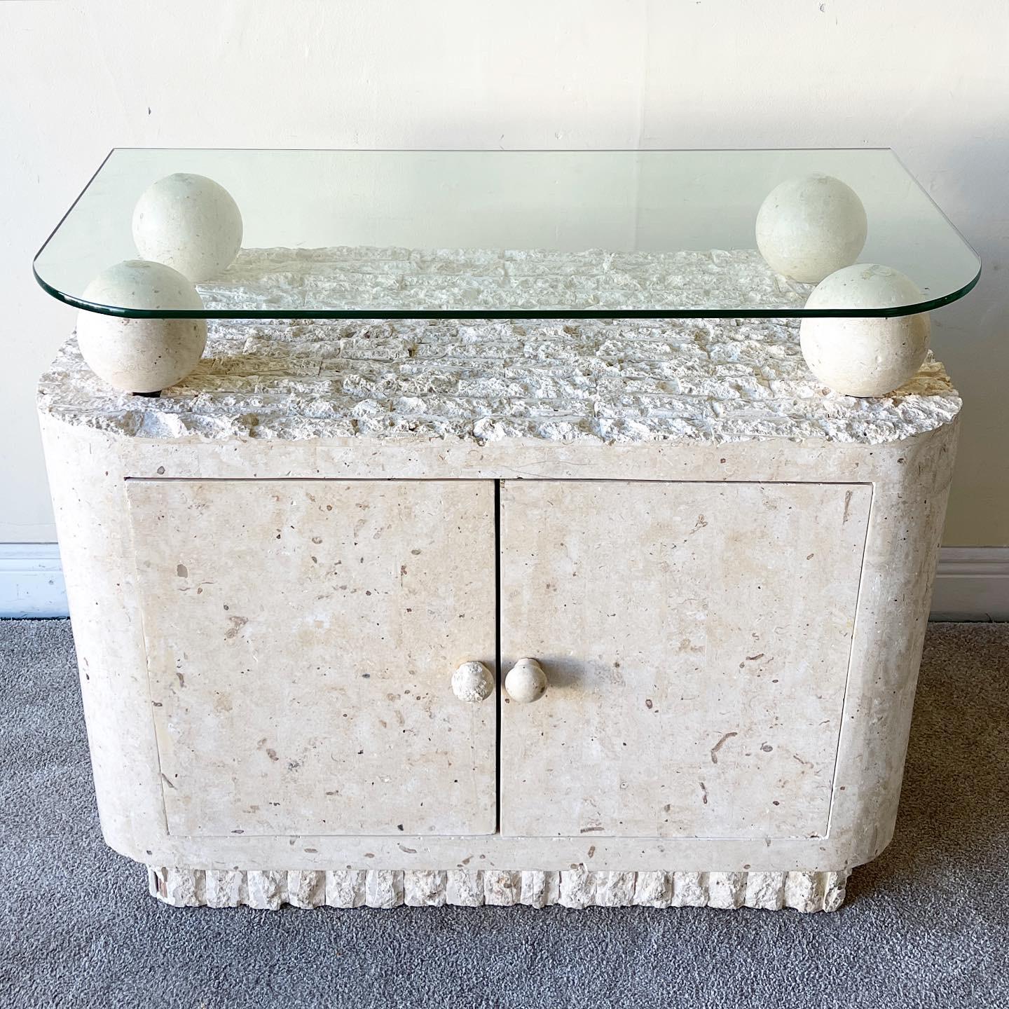 Postmodern Tessellated Stone Glass Top Credenza For Sale at 1stDibs