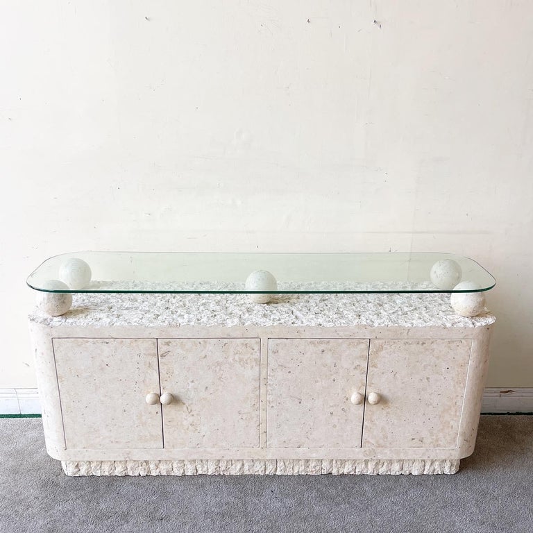 Postmodern Tessellated Stone Glass Top Credenza For Sale at 1stDibs