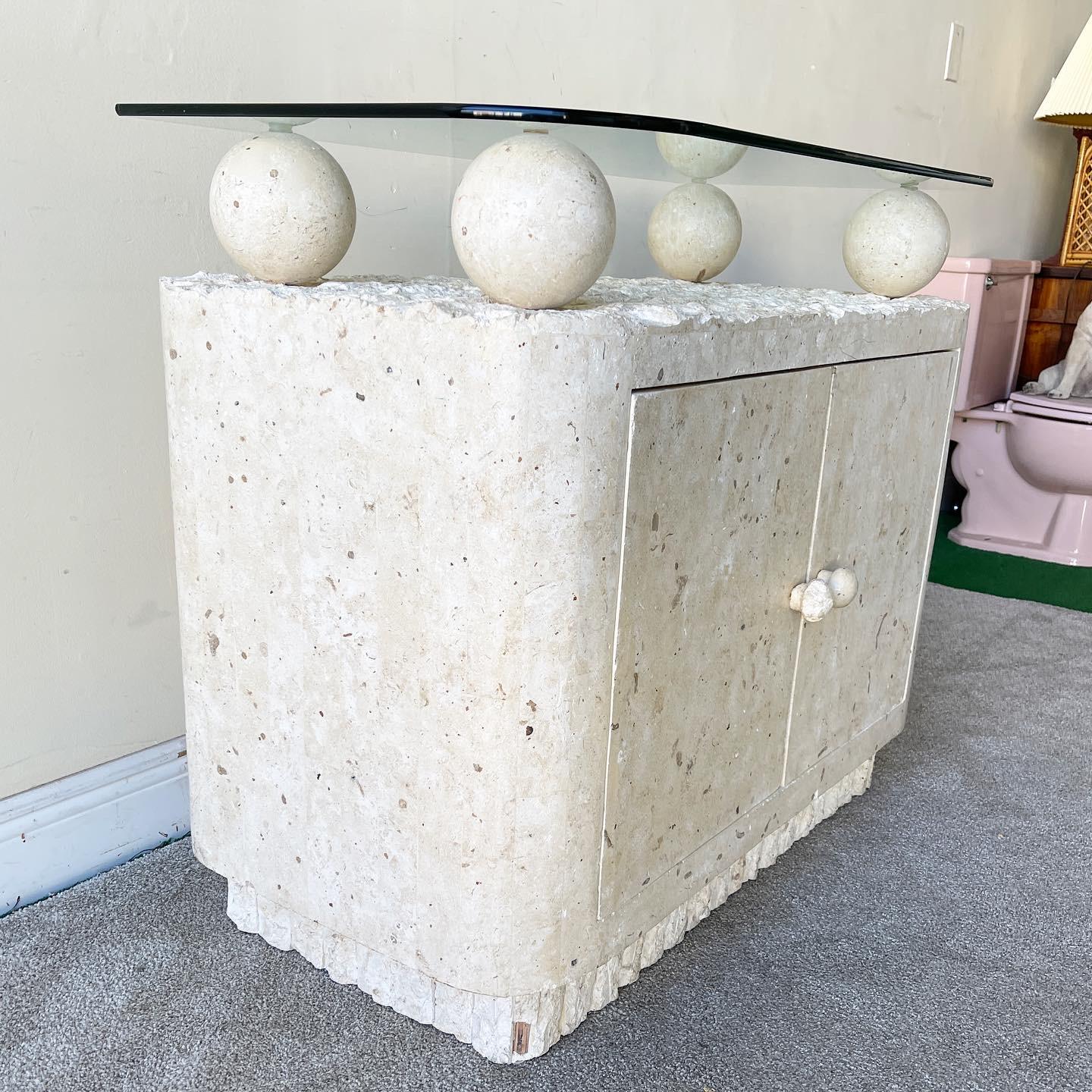 Postmodern Tessellated Stone Glass Top Credenza For Sale at 1stDibs