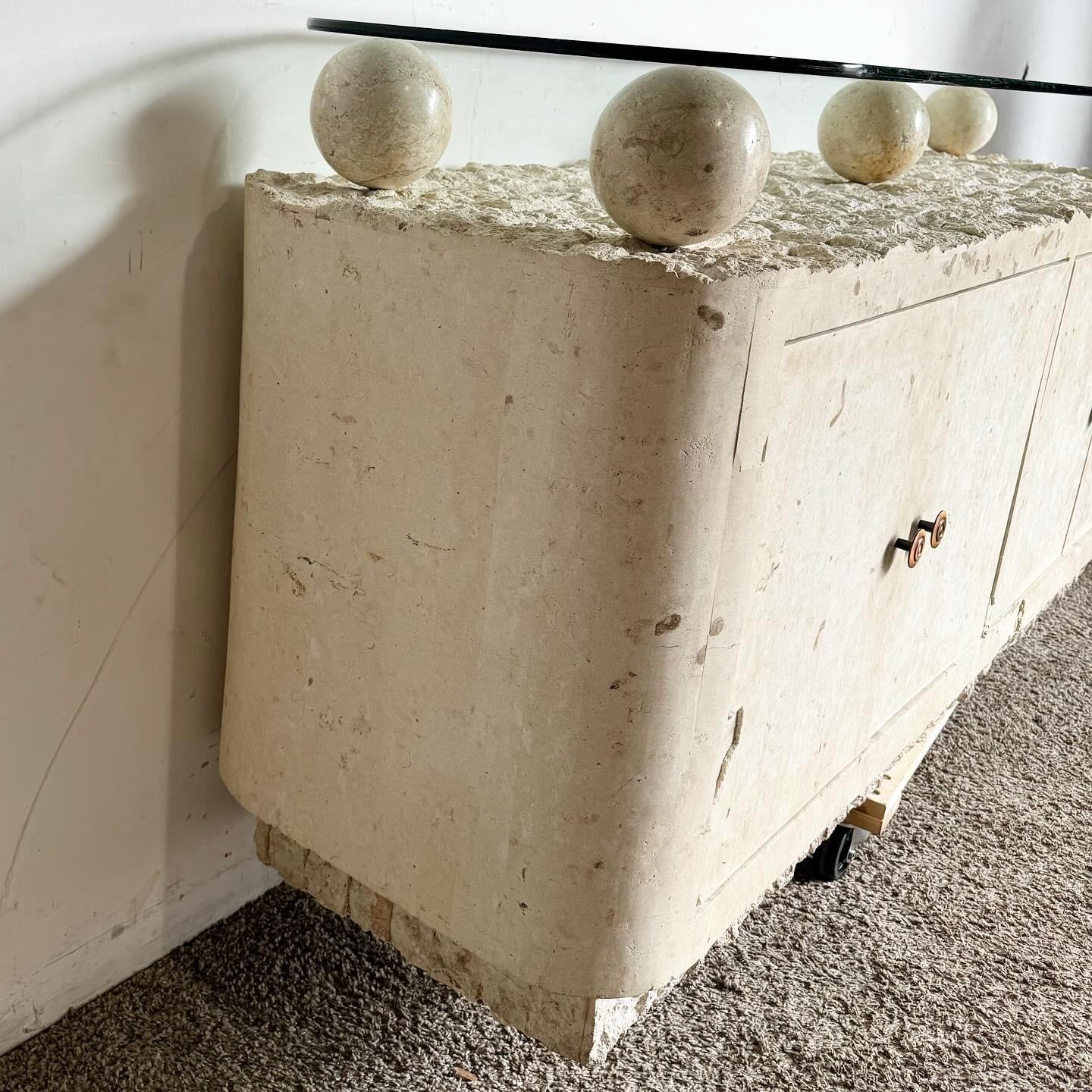 American Postmodern Tessellated Stone Glass Top Credenza For Sale