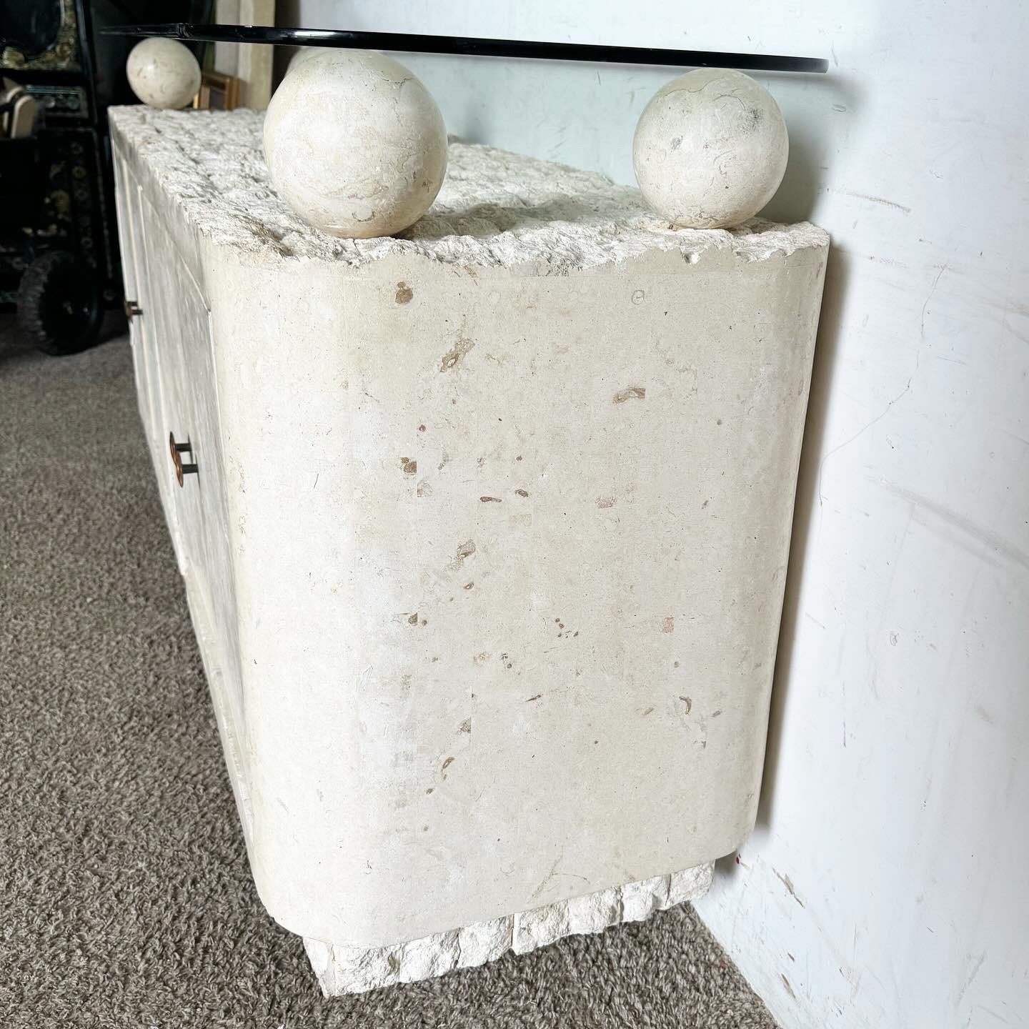 Postmodern Tessellated Stone Glass Top Credenza In Good Condition For Sale In Delray Beach, FL