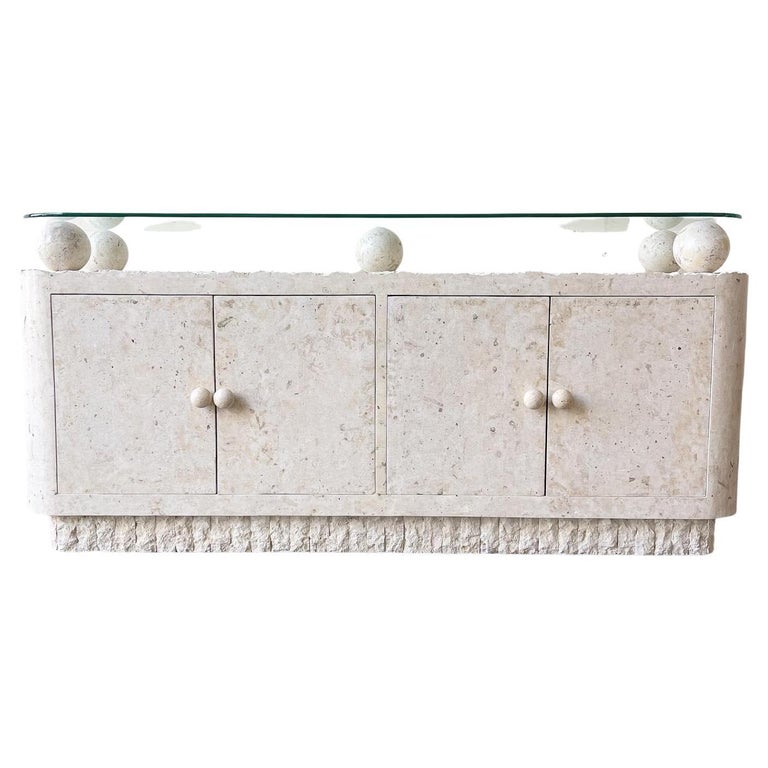Postmodern Tessellated Stone Glass Top Credenza For Sale at 1stDibs