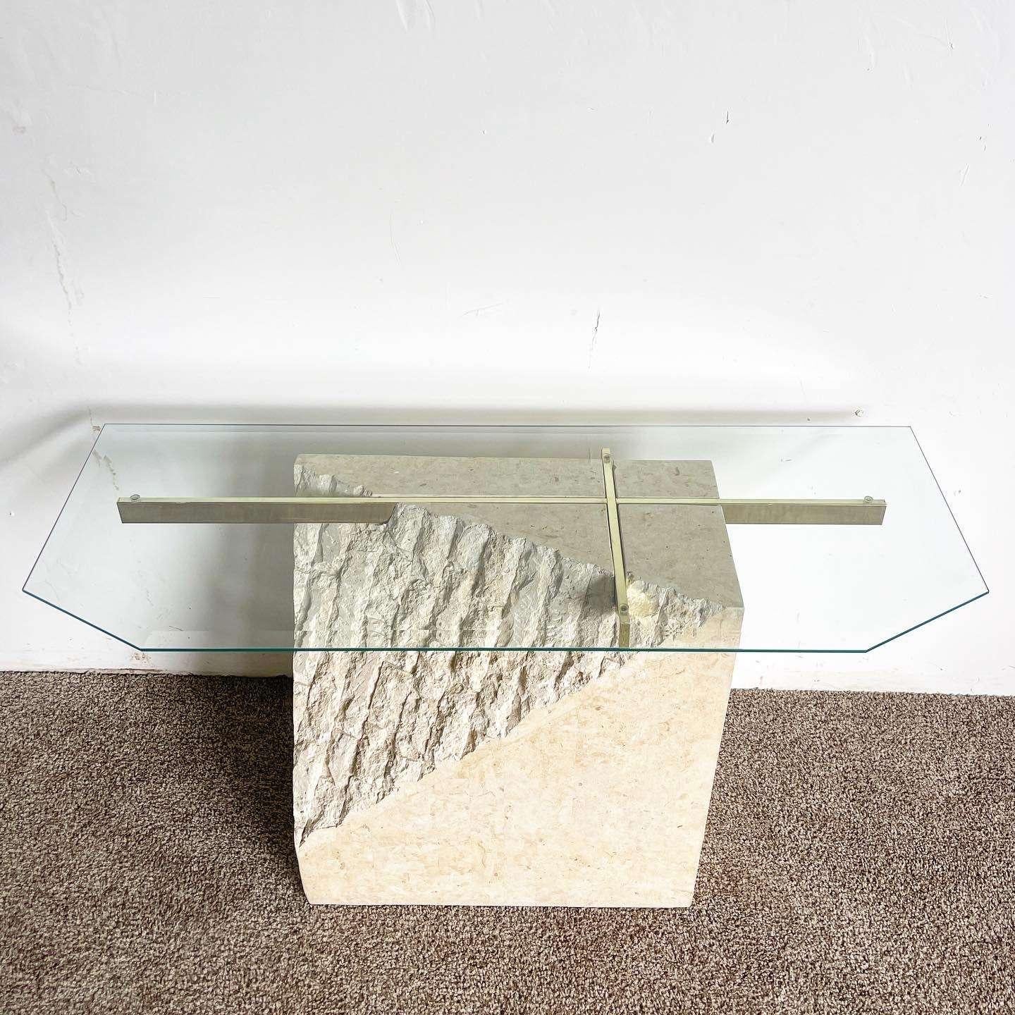 Postmoderne Table console postmoderne en pierre tessellée or et verre en vente
