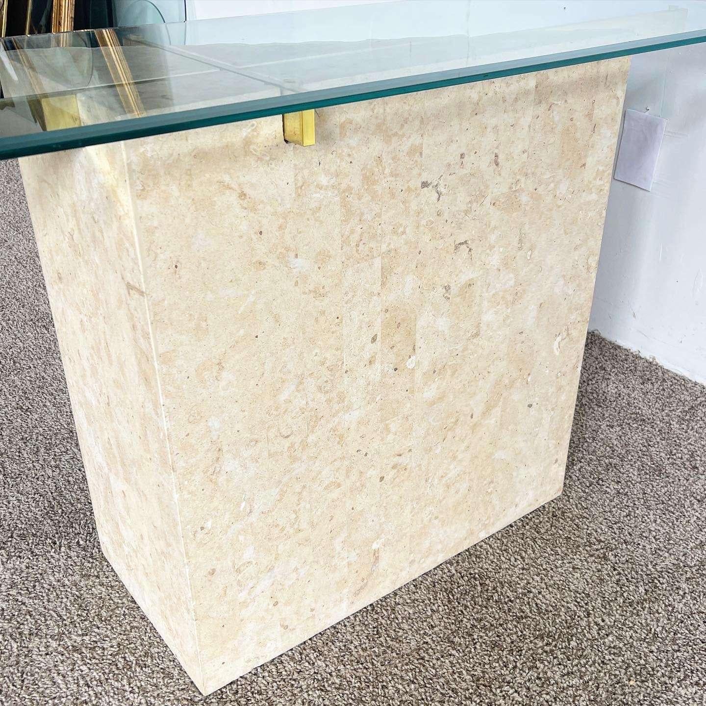 Postmodern Tessellated Stone Gold and Glass Console Table For Sale 2