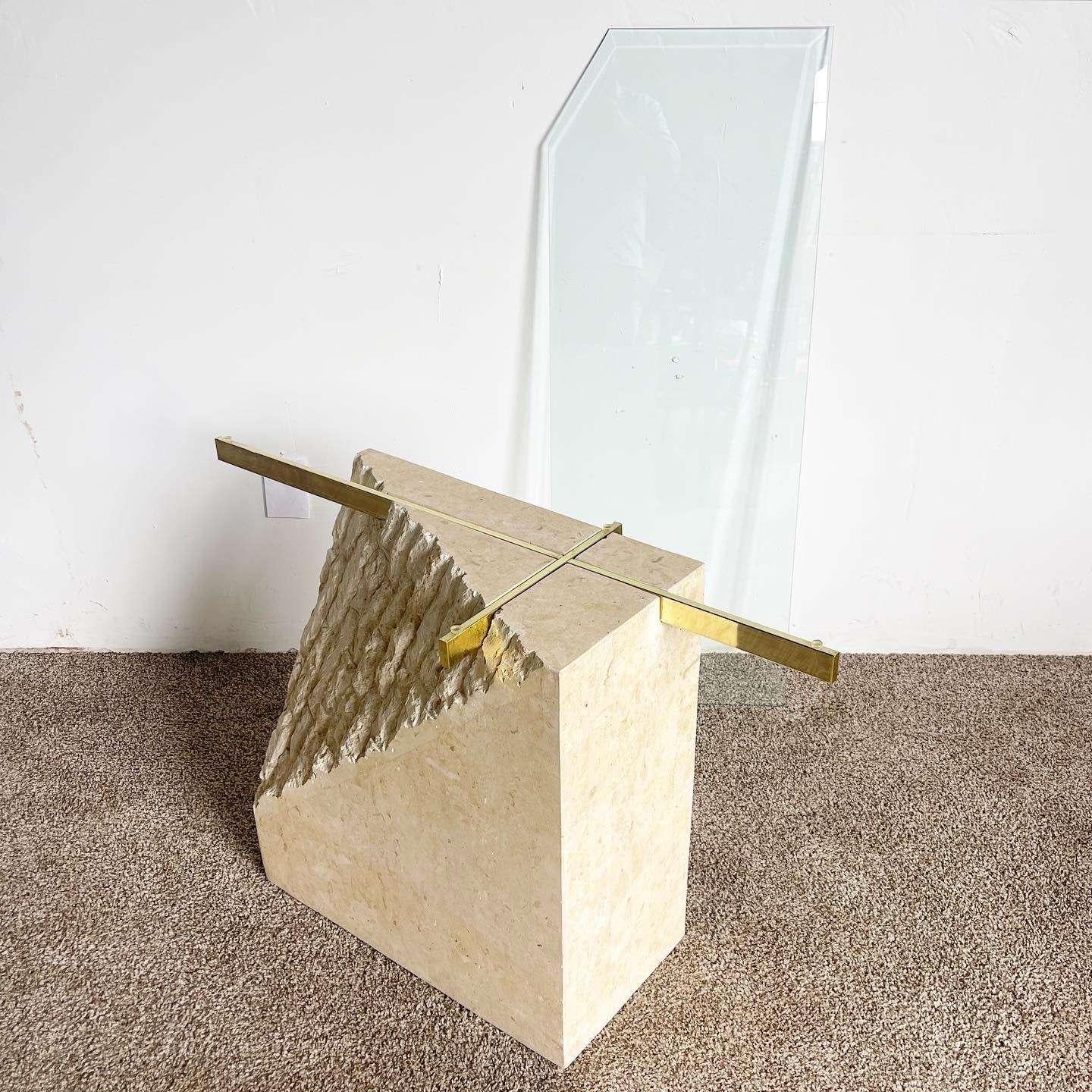 Table console postmoderne en pierre tessellée or et verre en vente 2