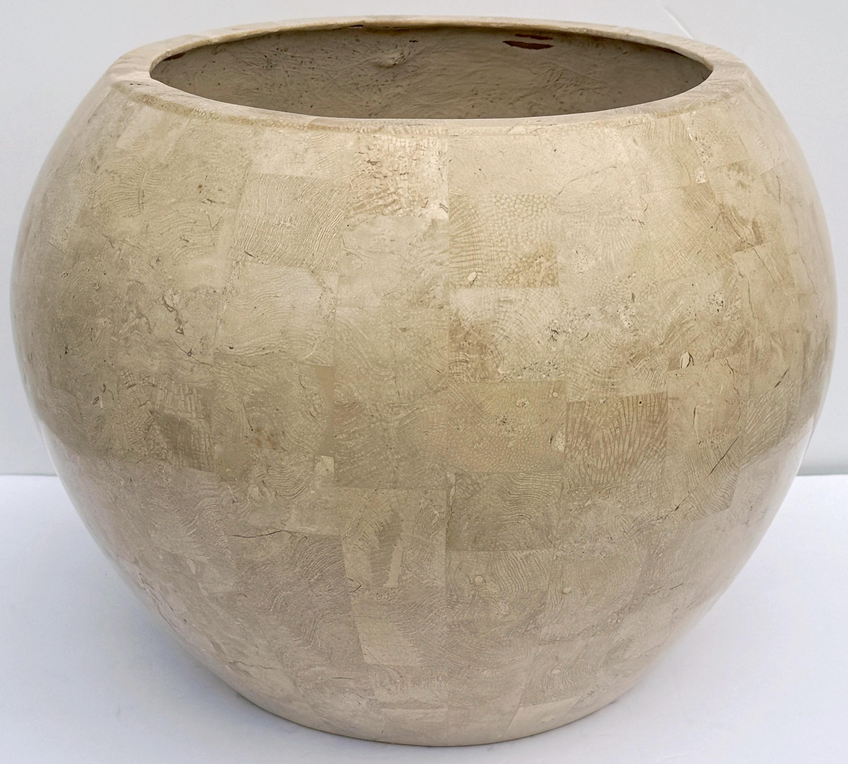 Postmodern Tessellated Stone Inlay Mod Cachepot/PPlanter, Attributed to Maitland-Smith, Circa 1980s 

This striking postmodern tessellated stone inlay cachepot/planter, attributed to Maitland-Smith and dating to the 1980s, is a beautifully made
