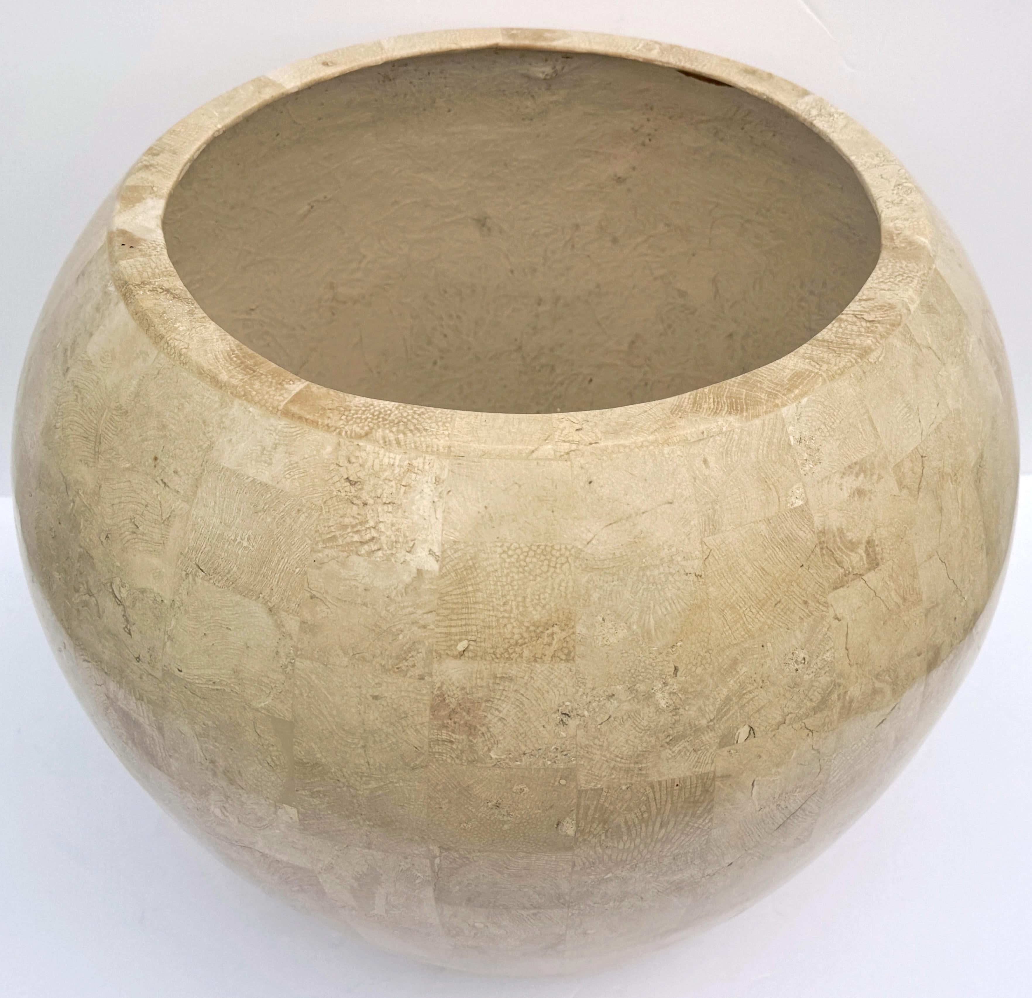 20th Century Postmodern Tessellated Stone Inlay Mod Cachepot / Planter Attrib. Maitland-Smith For Sale
