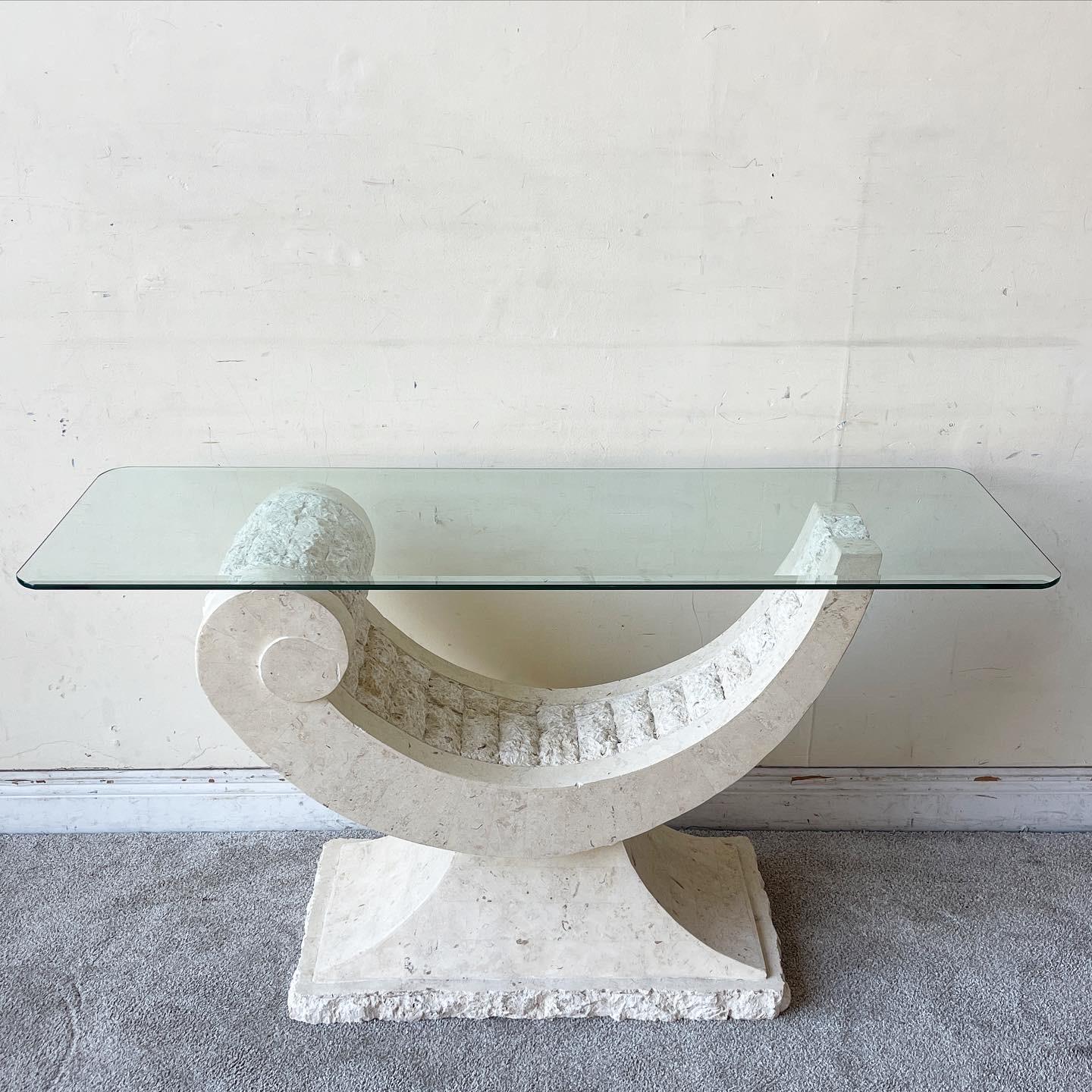 Post-Modern Postmodern Tessellated Stone Sculpted Glass Top Console Table For Sale