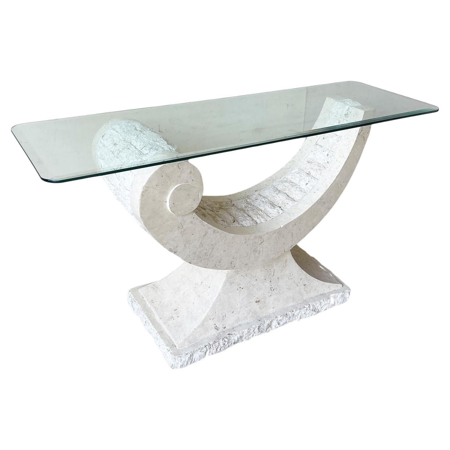 Table console postmoderne en pierre tessellée avec plateau en verre sculpté