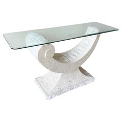Postmodern Tessellated Stone Sculpted Glass Top Console Table