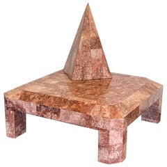 Vintage Postmodern Tessellated Stone Square Coffee Table with Matching Pyramid Sculpture