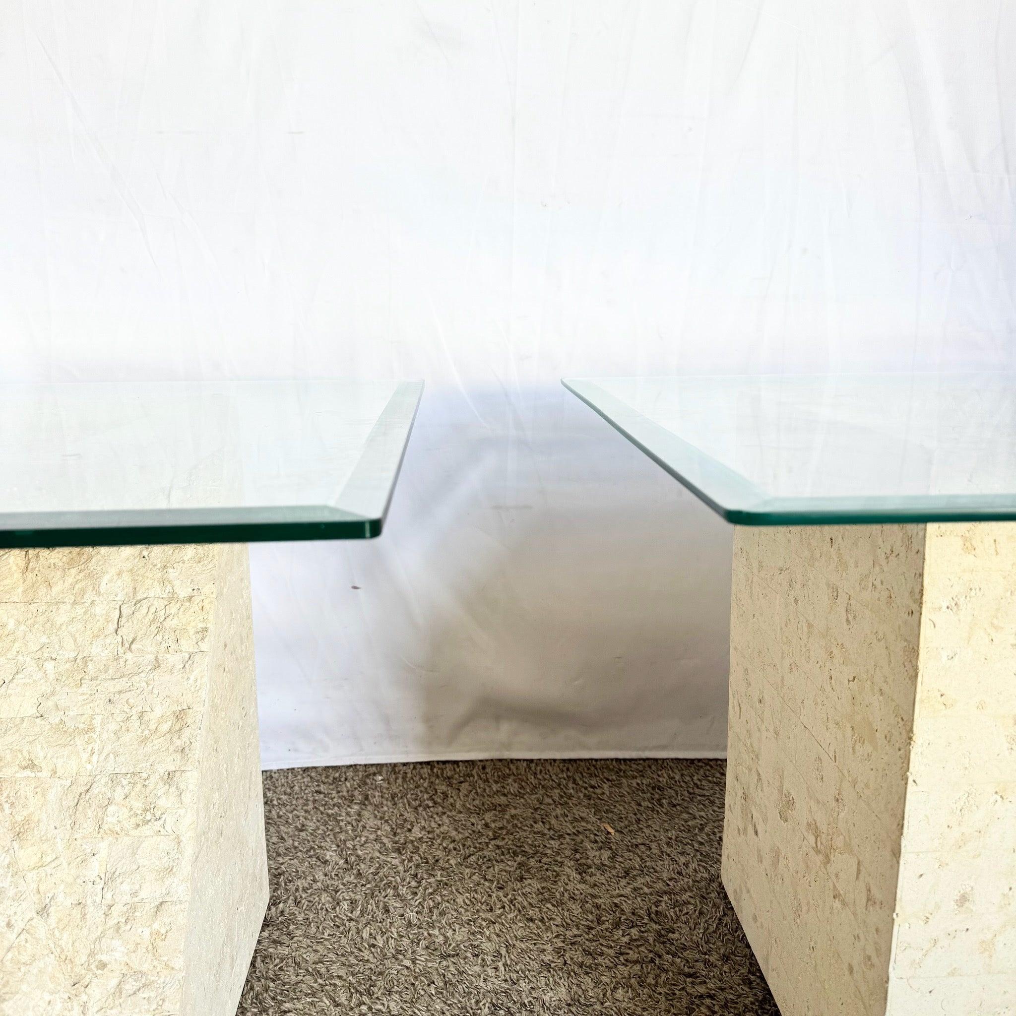 Postmodern Tessellated Stone Side Tables blend sculptural stone artistry and polished glass tops, creating a luxe statement for modern interiors.
 

 One of the pieces of glass is slightly thinner than the other. There is a chip on the bottom corner