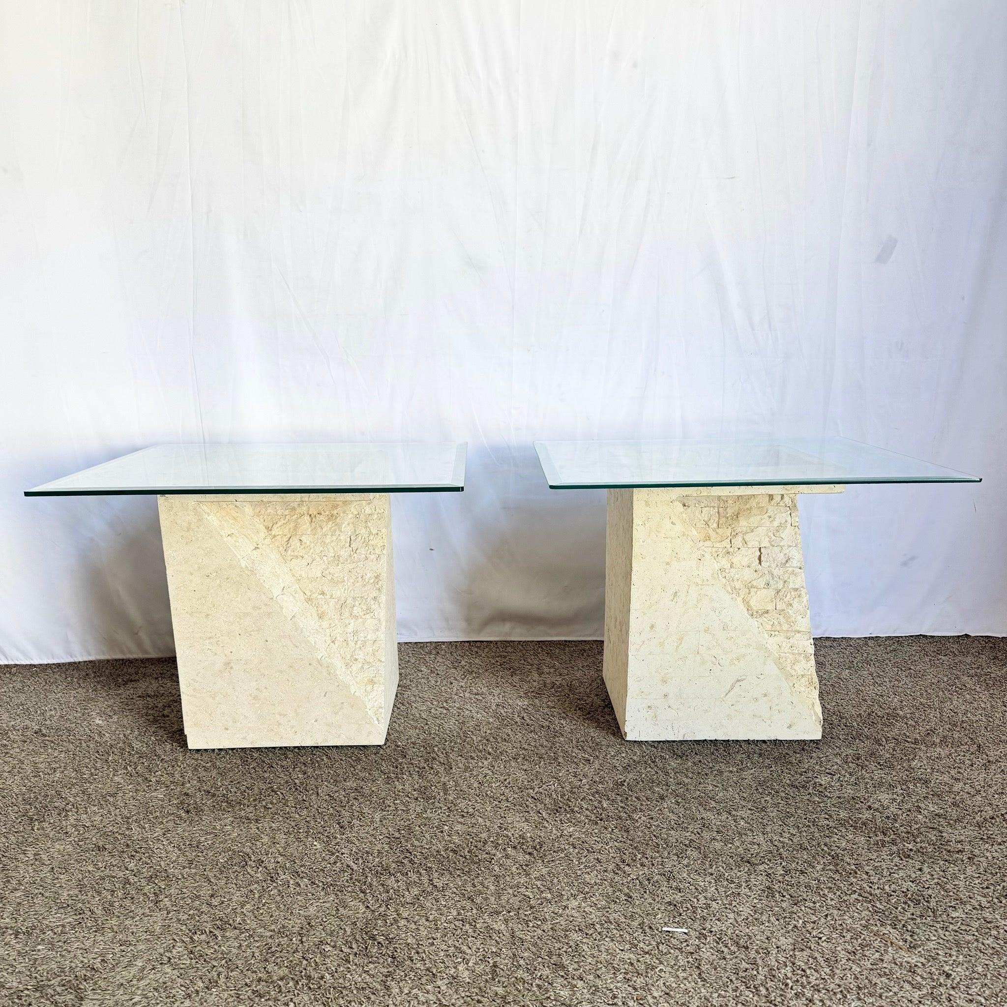 Philippine Postmodern Tessellated Stone Square Glass Top Side Tables - A Pair For Sale