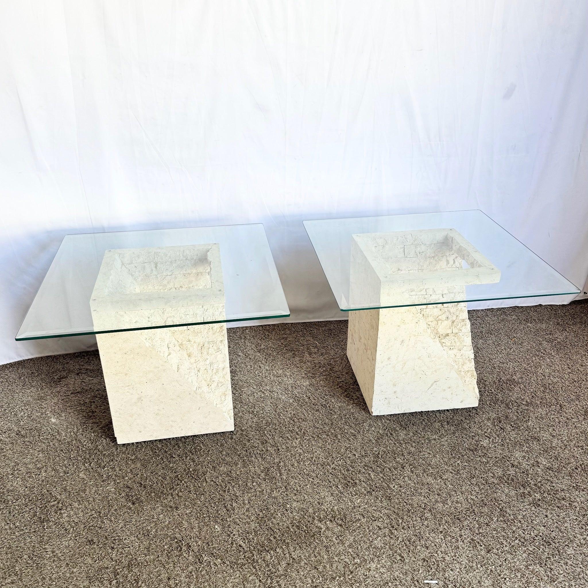 Postmodern Tessellated Stone Square Glass Top Side Tables - A Pair In Good Condition For Sale In Delray Beach, FL