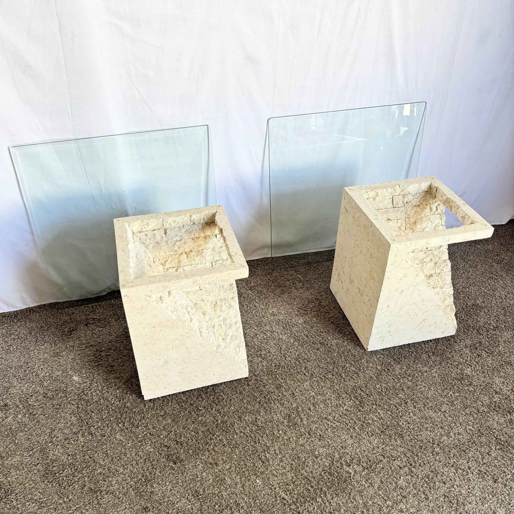 Late 20th Century Postmodern Tessellated Stone Square Glass Top Side Tables - A Pair For Sale