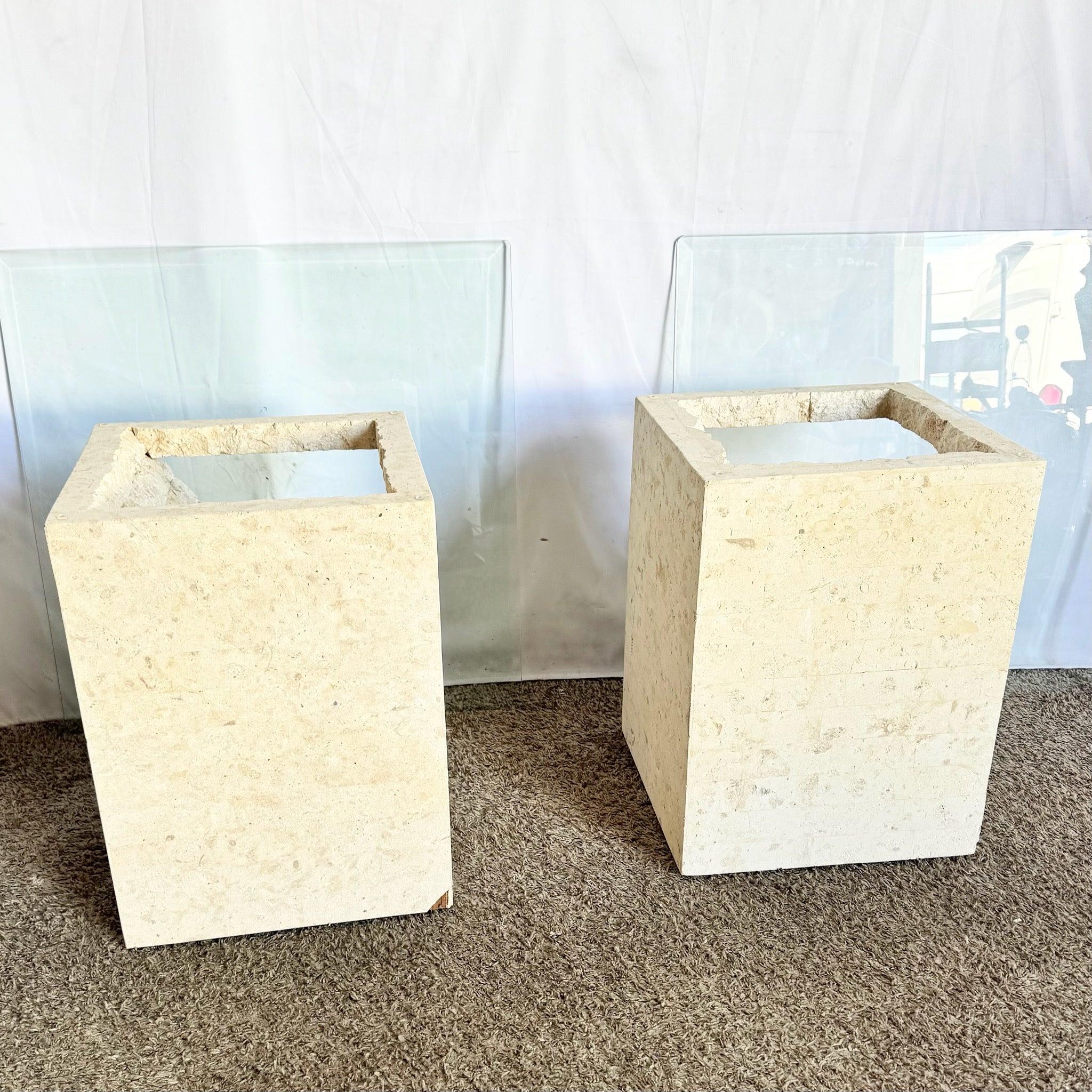Postmodern Tessellated Stone Square Glass Top Side Tables - A Pair For Sale 1