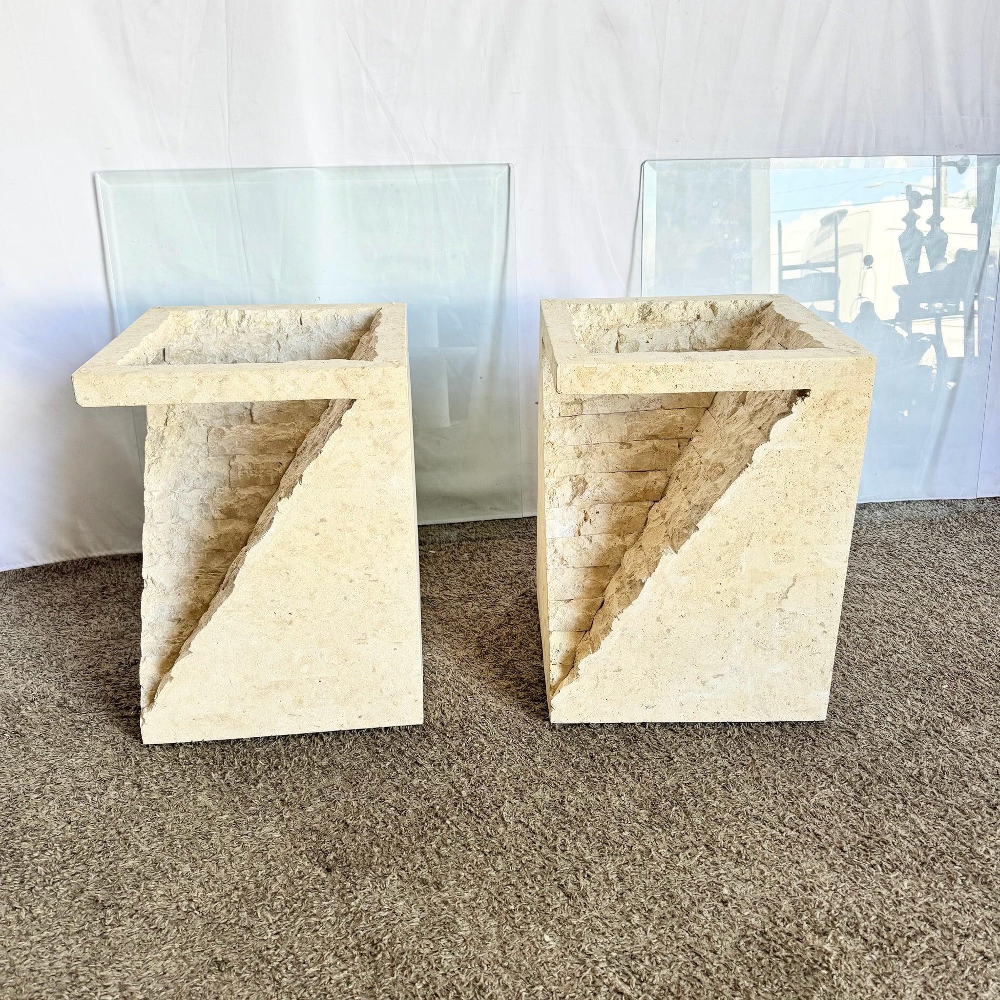 Postmodern Tessellated Stone Square Glass Top Side Tables - A Pair For Sale 2
