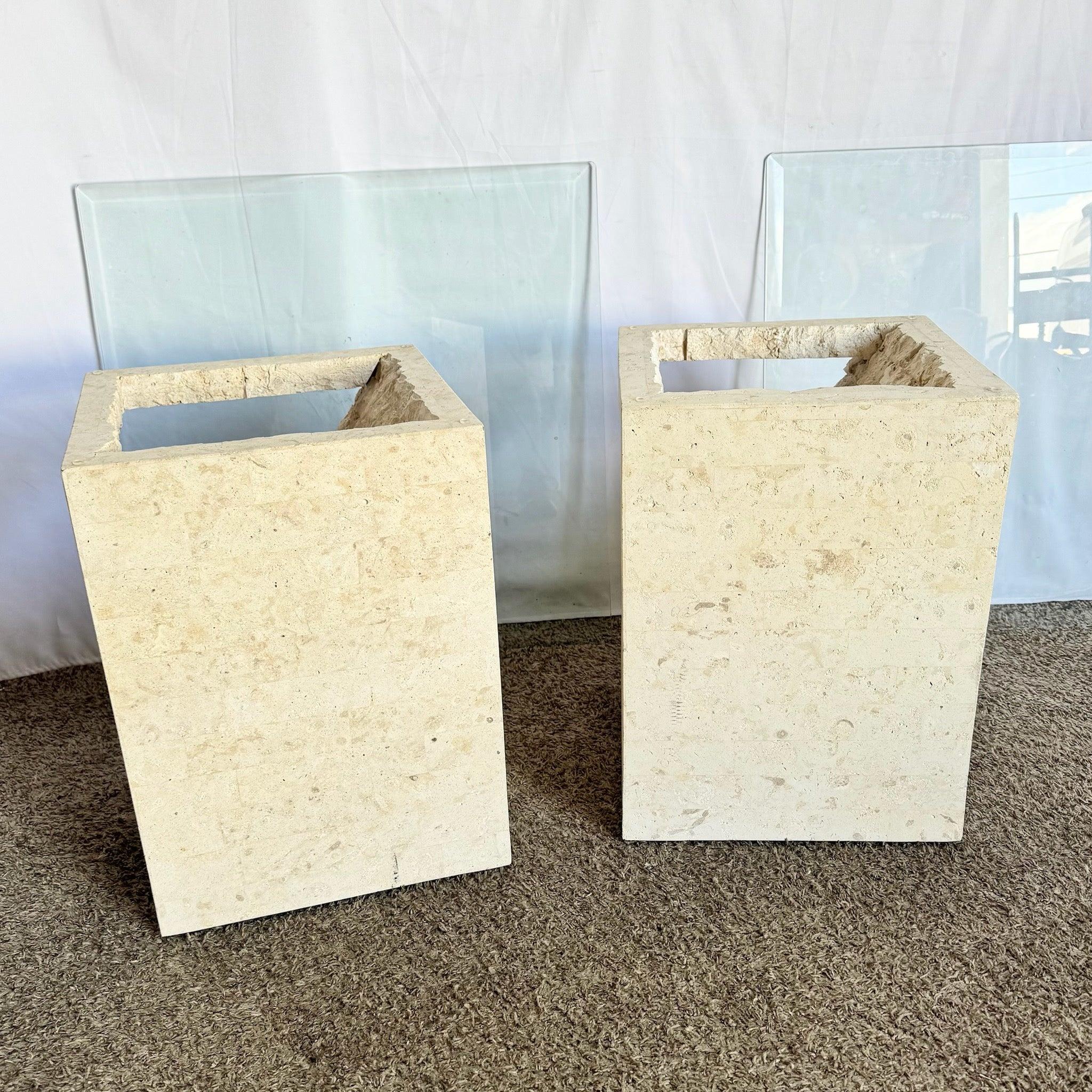 Postmodern Tessellated Stone Square Glass Top Side Tables - A Pair For Sale 4