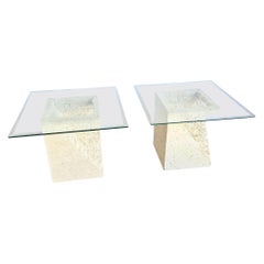 Postmodern Tessellated Stone Square Glass Top Side Tables - A Pair