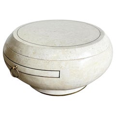 Postmodern Tessellated Stone Swivel Top Extendable Coffee Table w/ Inlaid Brass