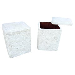 Postmodern Tessellated Stone Swivel Top Side Table With Storage - A Pair