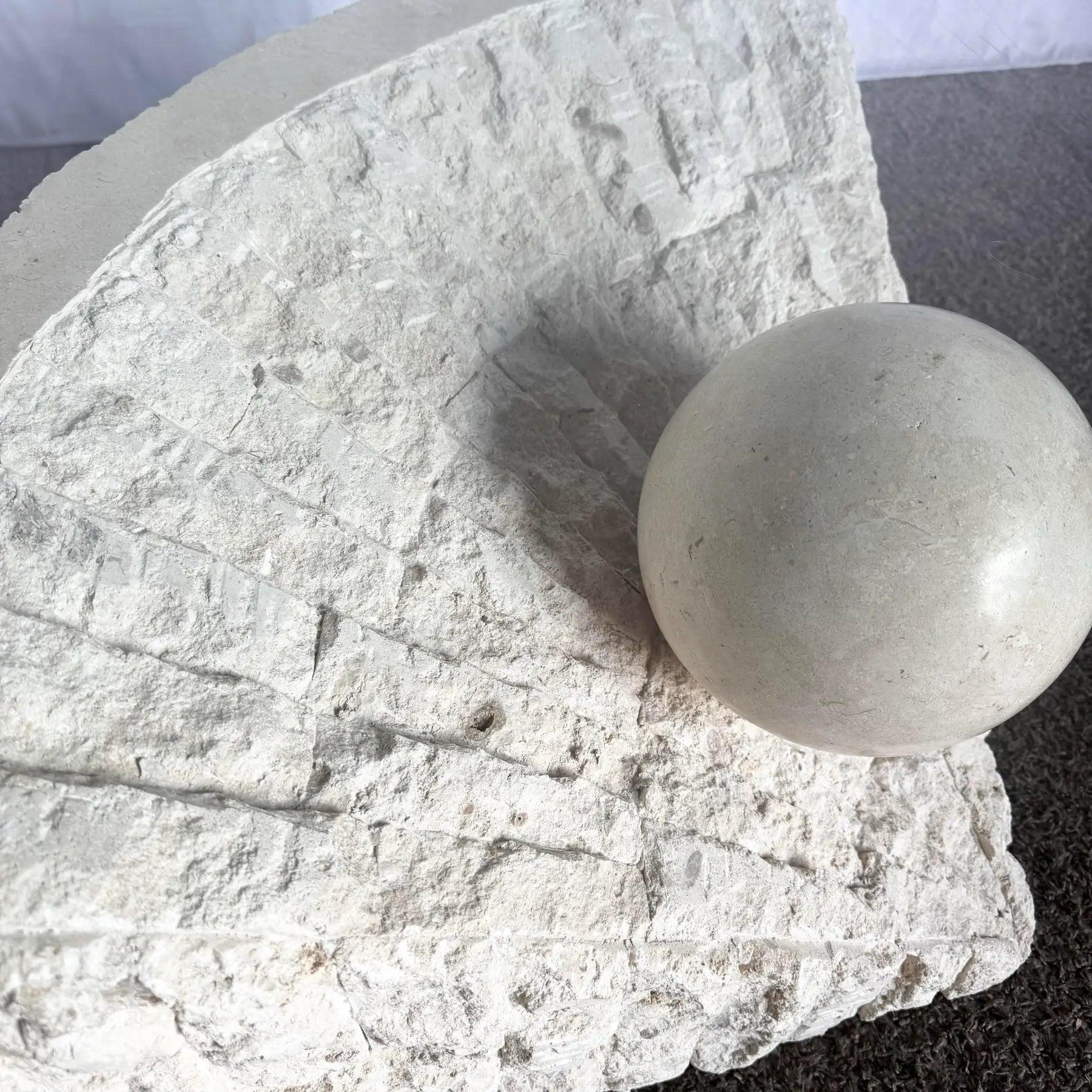 Elevate interiors with this Postmodern Tessellated Stone Coffee Table—triangular glass, tessellated stone base, and polished sphere.
 

 Table b. We sell items as acquired, without restoring or repairing. Vintage pieces may have age-related wear.