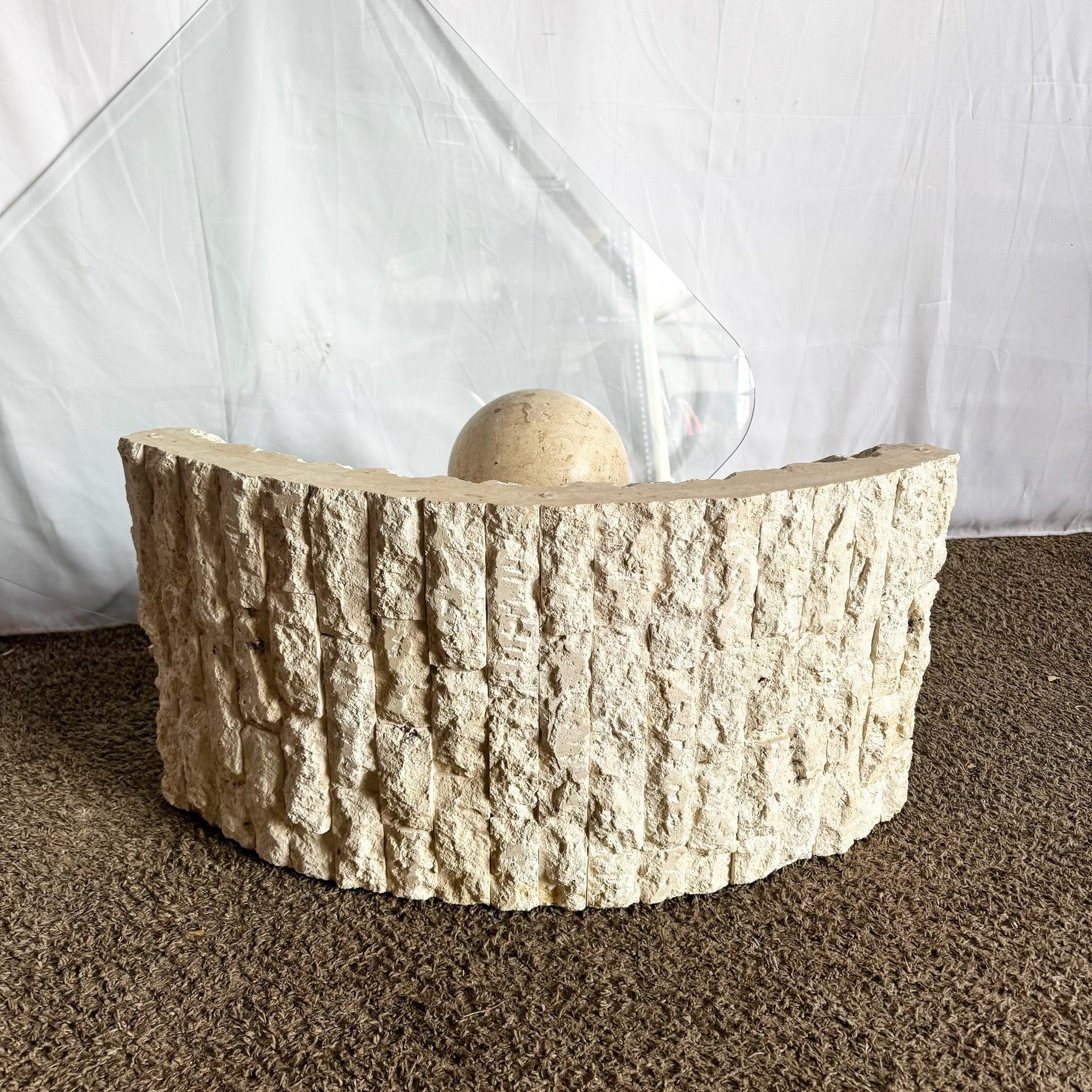 Make a statement with this Postmodern Tessellated Stone Coffee Table—sculptural glass, stone mosaic base, and polished orb.
 
 We sell items as acquired, without restoring or repairing. Vintage pieces may have age-related wear. Review photos