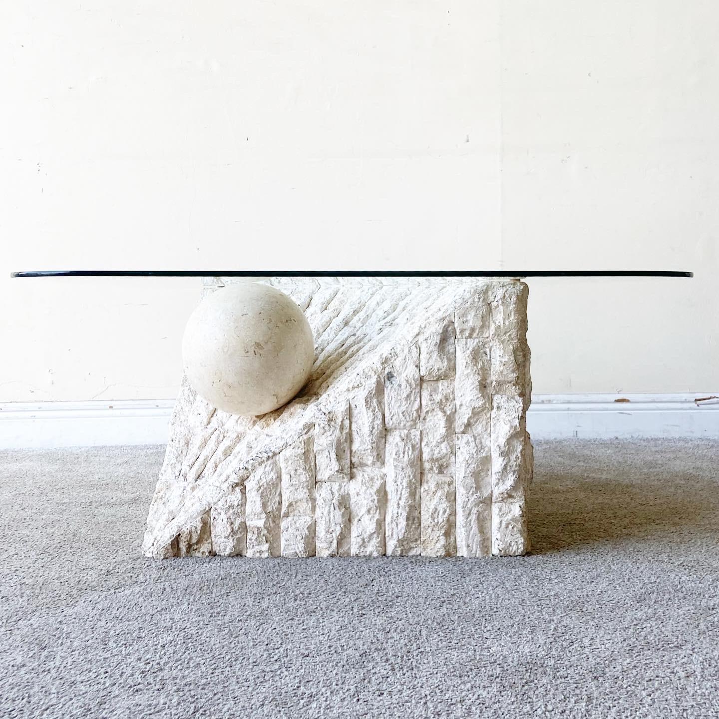 Late 20th Century Postmodern Tessellated Stone Triangular Glass Top Coffee Table