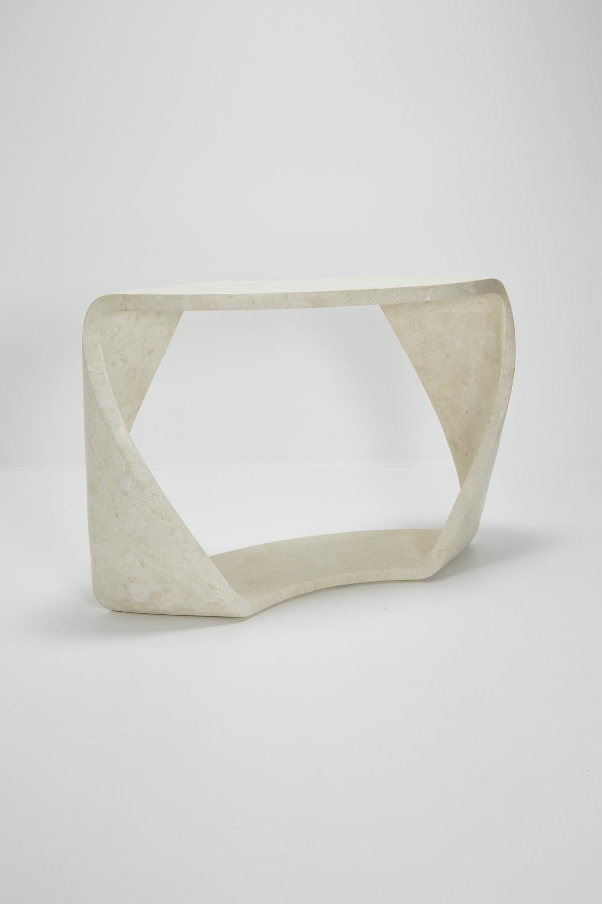 Incredible unique tessellated stone console. White stone is hand-inlaid over a solid hand-carved wooden structure.

Designed by Marquis Collection as a sample piece which was never produced.