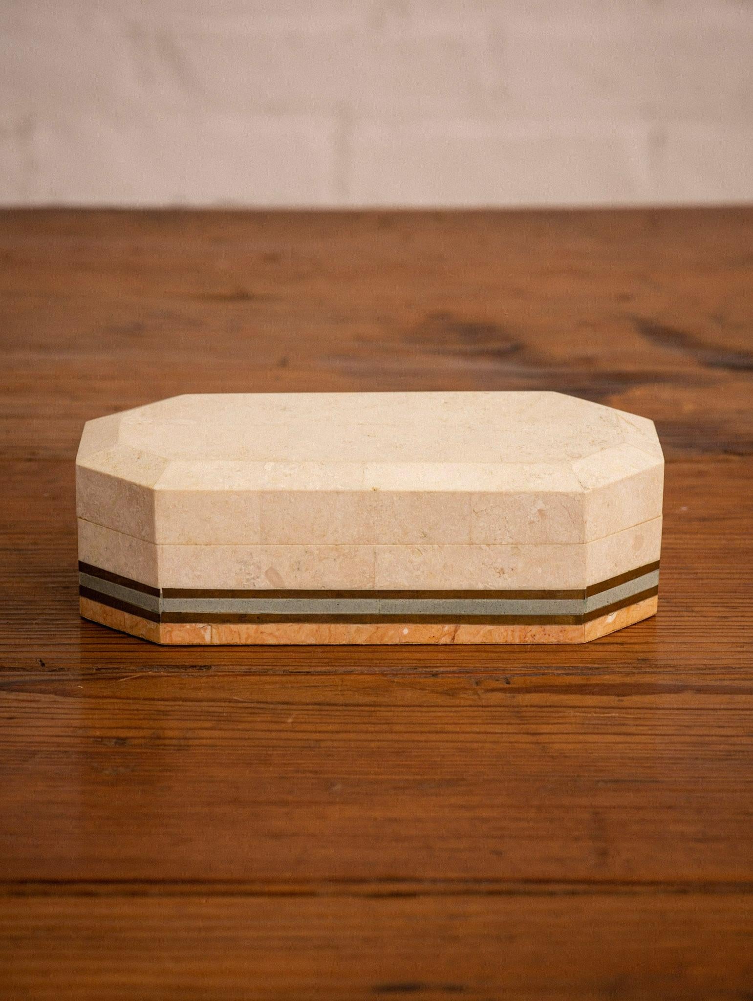 Postmodern Tessellated Travertine, Brass and Stone Box In Good Condition In Brooklyn, NY