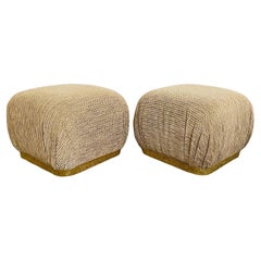 Postmodern Textured Brown Fabric Pouf Ottomans on Gold Base - a Pair