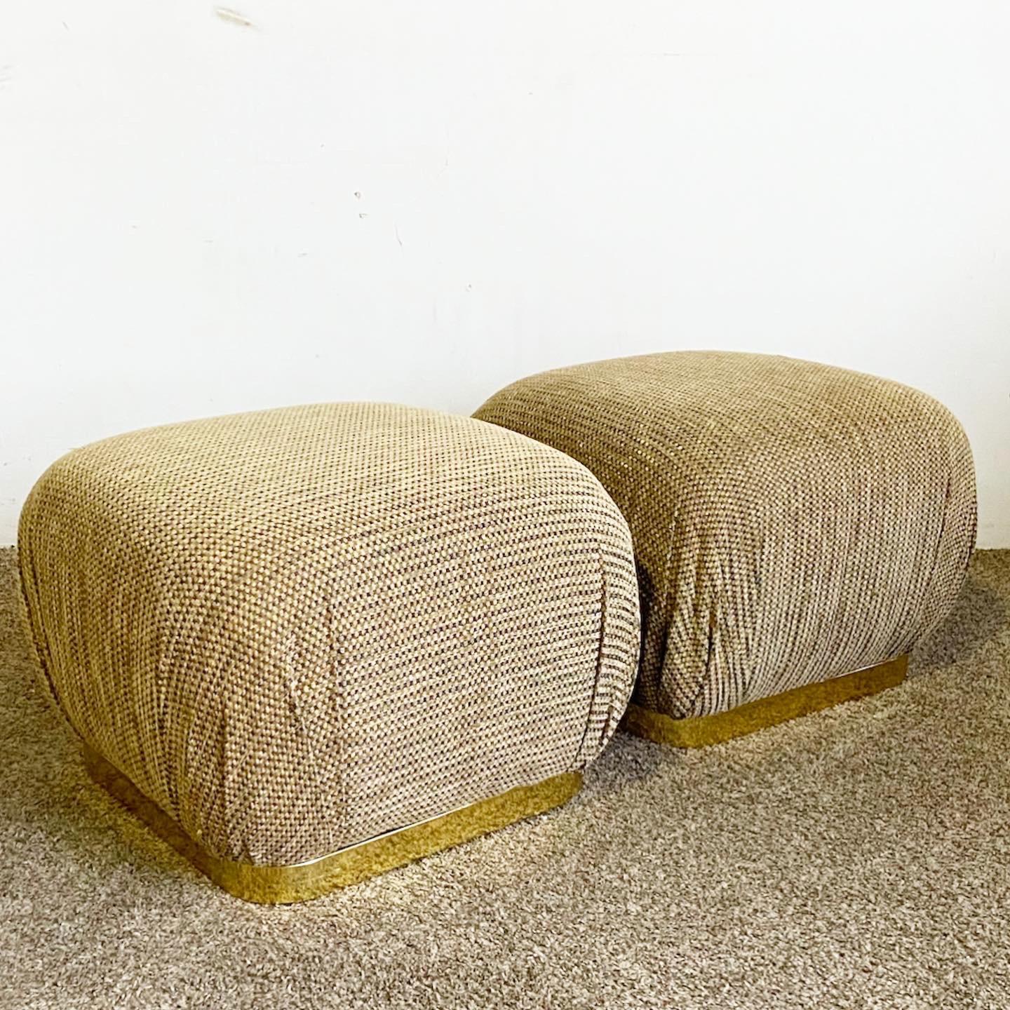 Post-Modern Postmodern Textured Brown Fabric Pouf Ottomans on Gold Base - a Pair For Sale