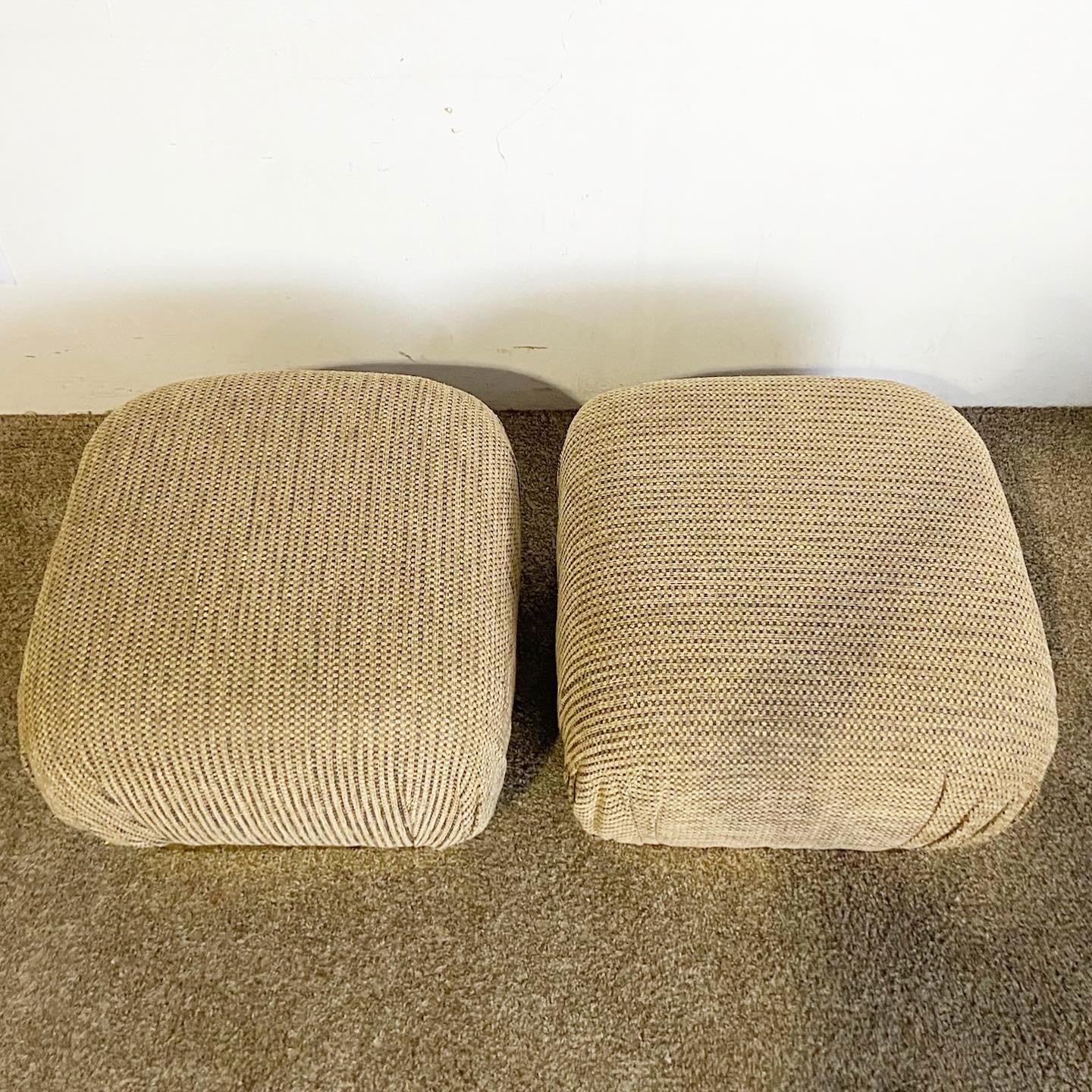 American Postmodern Textured Brown Fabric Pouf Ottomans on Gold Base - a Pair For Sale